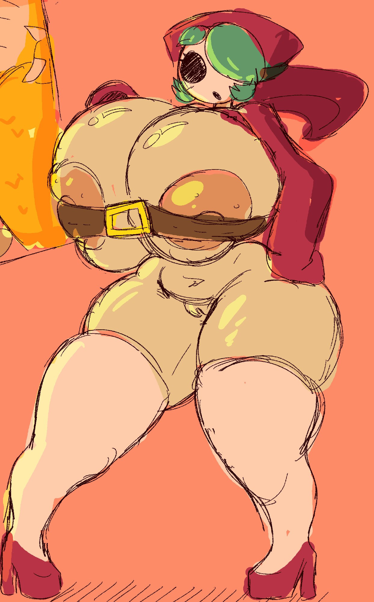 1girls, areolae, belt, big breasts, big thighs, bowser, breasts, breasts bigger than head, breasts squeezed together, curvy, female, female focus, green hair, hair over one eye, heels, high heels, huge breasts, huge thighs, large breasts, large thighs, light skin, light-skinned female, mario (series), mask, nintendo, nipples, p-con, pussy, red heels, red high heels, shy gal, shy gal red, spurhuns, stockings, thick, thick hips, thick thighs, thighs, vagina, wide hips