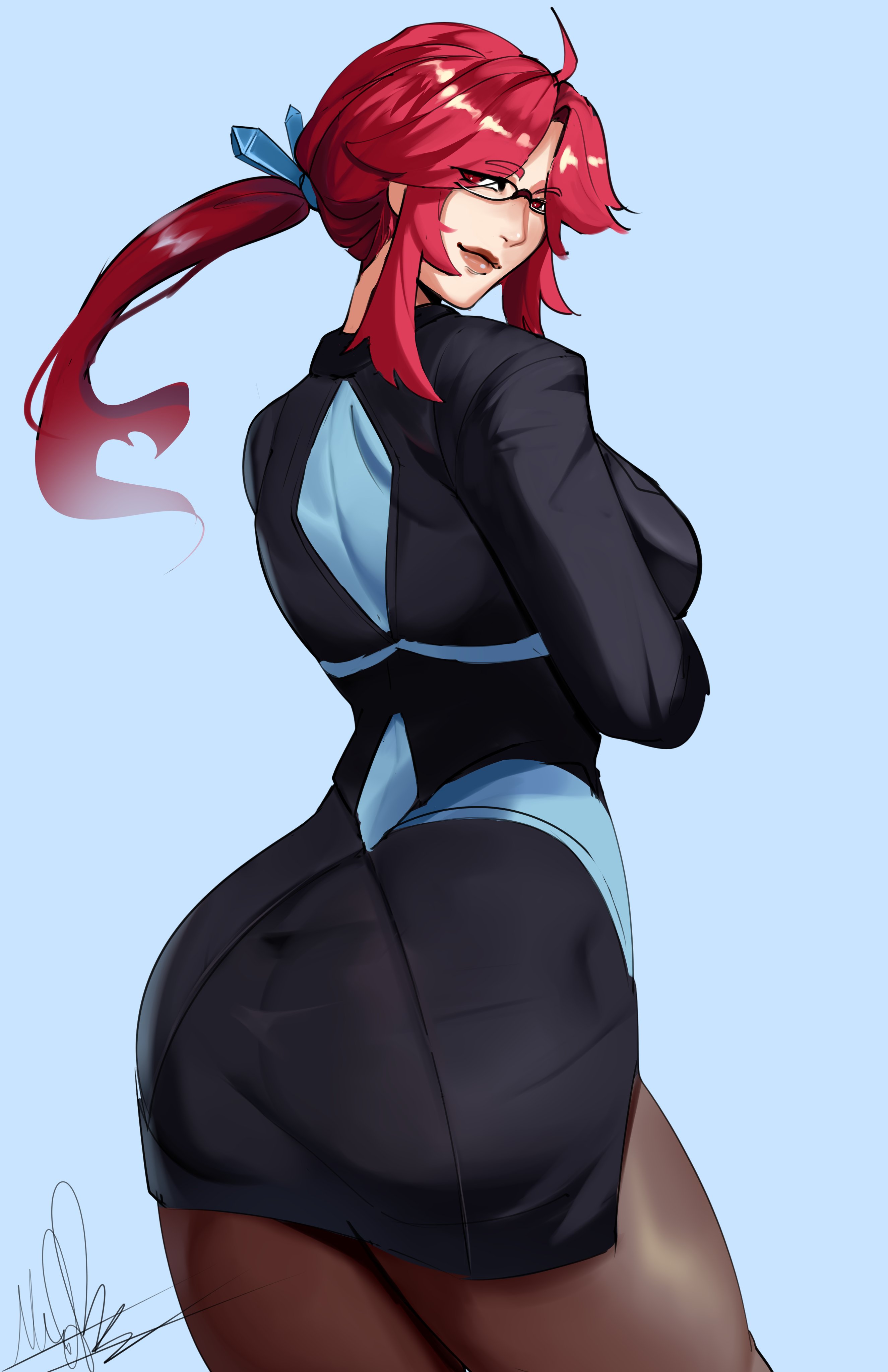 1girls, 2d, 2d (artwork), absurdres, ahoge, artist signature, ass, black suit, breasts, brown pantyhose, crossed arms, female, female only, formal clothes, glasses, highres, human, human only, large breasts, long hair, long sleeves, lorelei (pokemon), pantyhose, pencil skirt, pokemon, pokemon lgpe, ponytail, puzzled artist, questionable, red eyes, red hair, semi-rimless eyewear, sidelocks, simple background, skirt, solo, solo female, suit, swept bangs