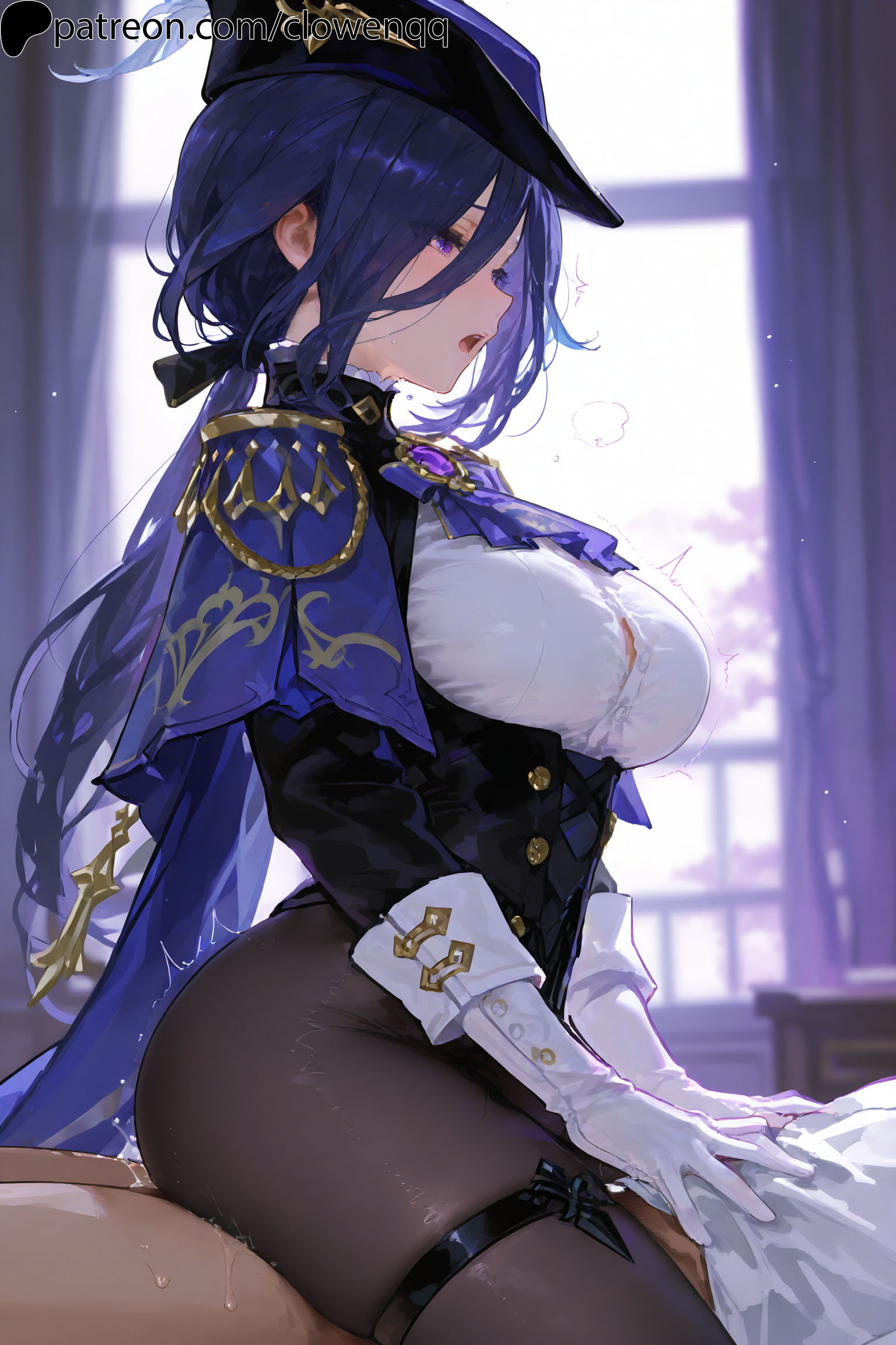 1boy, 1girls, ai generated, ass, big breasts, blue hair, breasts, cape, clorinde (genshin impact), clothed sex, clowenqq, corset, cowgirl position, dark hair, dress shirt, female, female focus, from side, genshin impact, gloves, hat, hi res, legwear, long sleeves, male, male penetrating, male penetrating female, male/female, open mouth, pantyhose, purple eyes, sitting on person, thigh strap, white gloves, white shirt