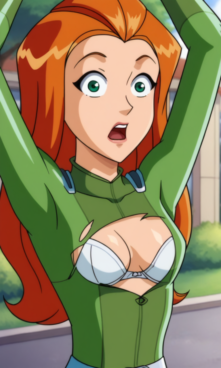 ai_generated ass bigmic145 bodysuit bra breasts exposed_breasts female medium_breasts orange_hair ripped_clothing sam_(totally_spies) solo_female totally_spies wardrobe_malfunction