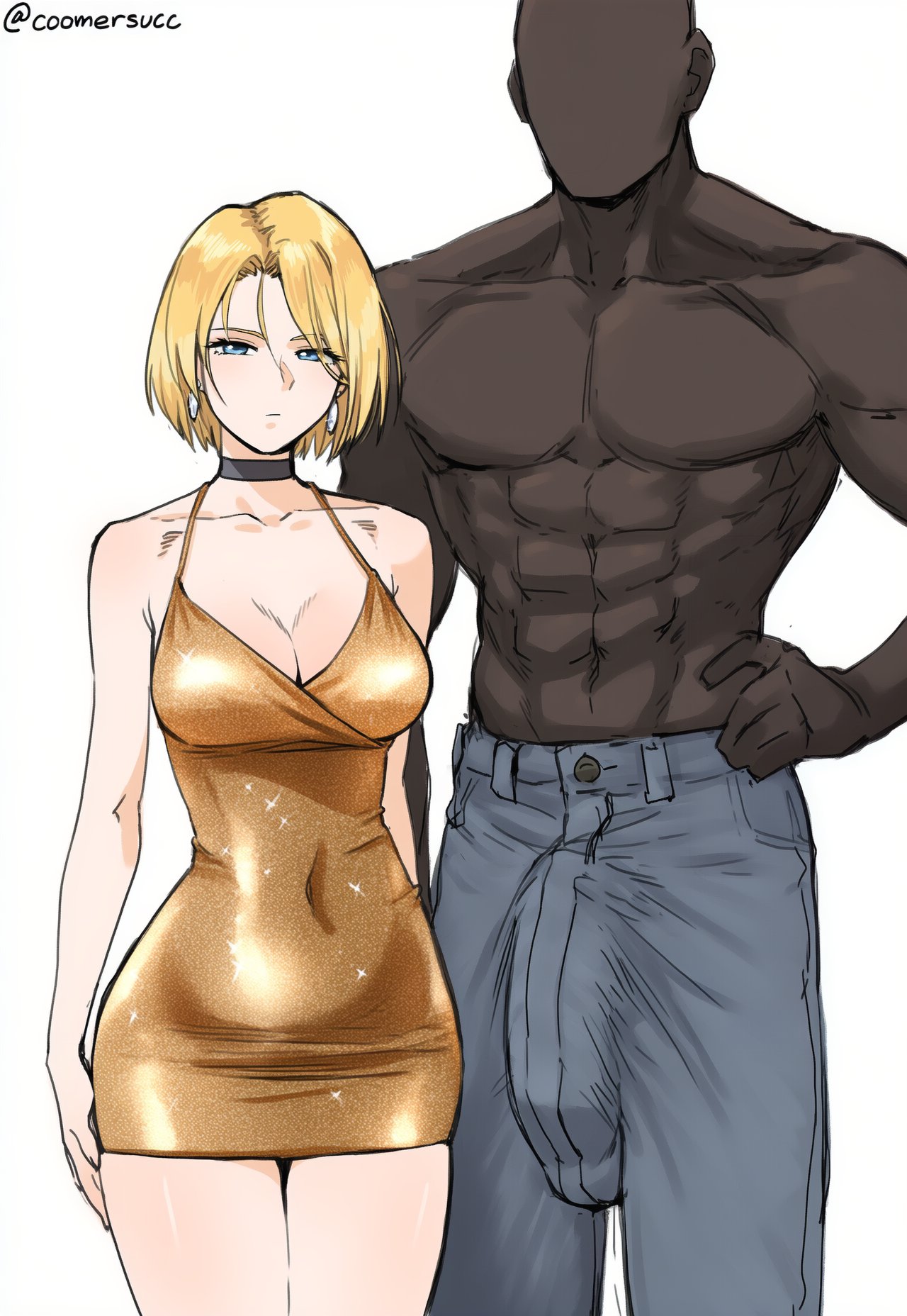 ai generated, ass, blonde hair, blue eyes, breasts, color, coomersucc, dark-skinned male, dress, golden clothing, huge breasts, huge cock, imminent sex, interracial, light skin, male, necklace, penis, penis bulge, penis visible through clothing, short hair, size difference, snowbunny, thick thighs, thighs, tight clothing