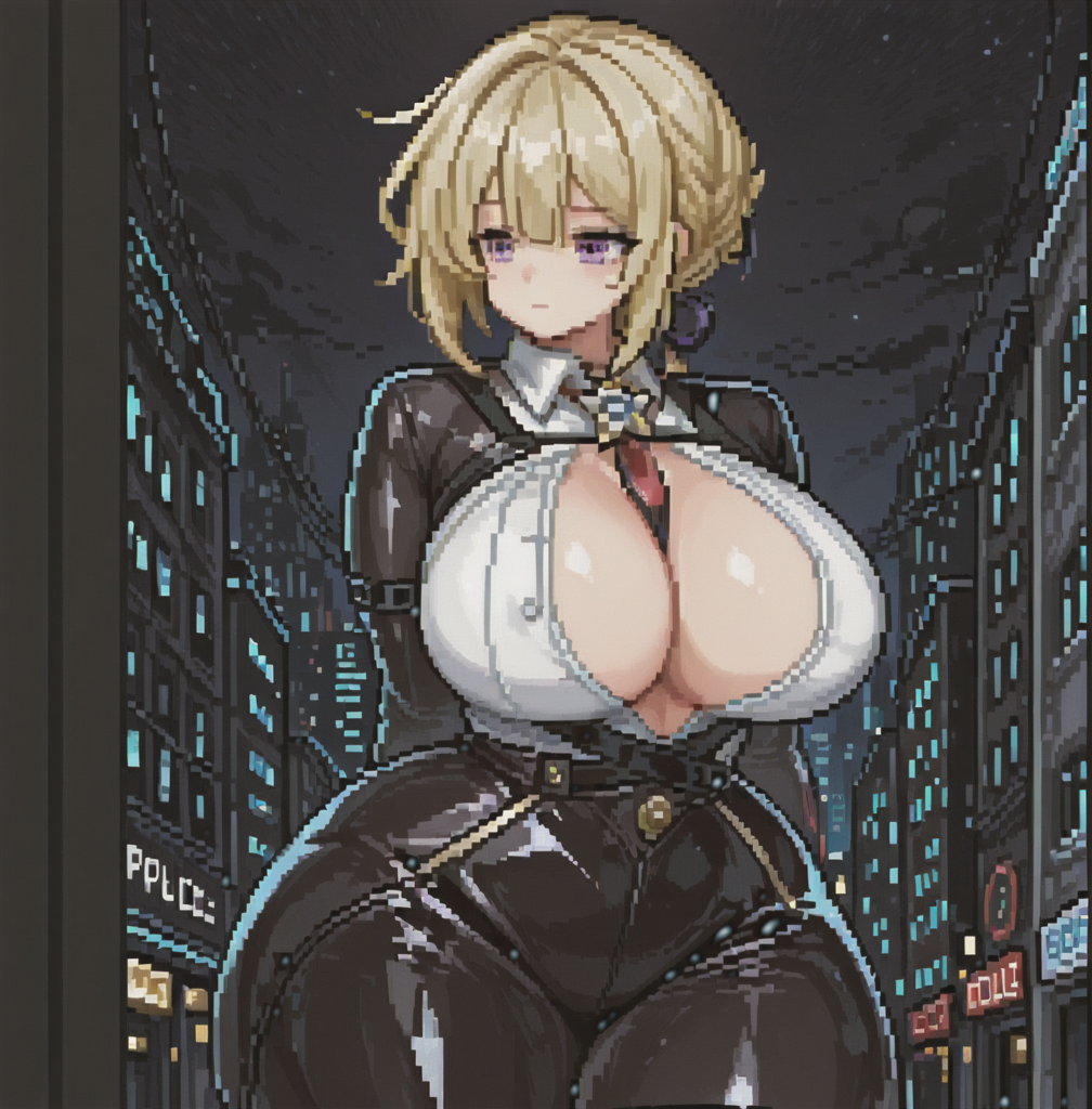 ai_generated big_ass big_breasts blonde_hair city city_background covered_nipples evelyn_chevalier exposed_breasts hands_behind_back hoyoverse night pixel_art pixelated purple_eyes saiyunnart searching short_hair thick_thighs thighs tie tight_clothing tight_fit white_shirt wide_hips zenless_zone_zero