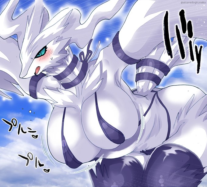 1girls, aisaredogtoneko, big breasts, bikini, blue eyes, breasts, dragon, female, generation 5 pokemon, pokemon, pokemon (species), reshiram, solo, white body, white fur