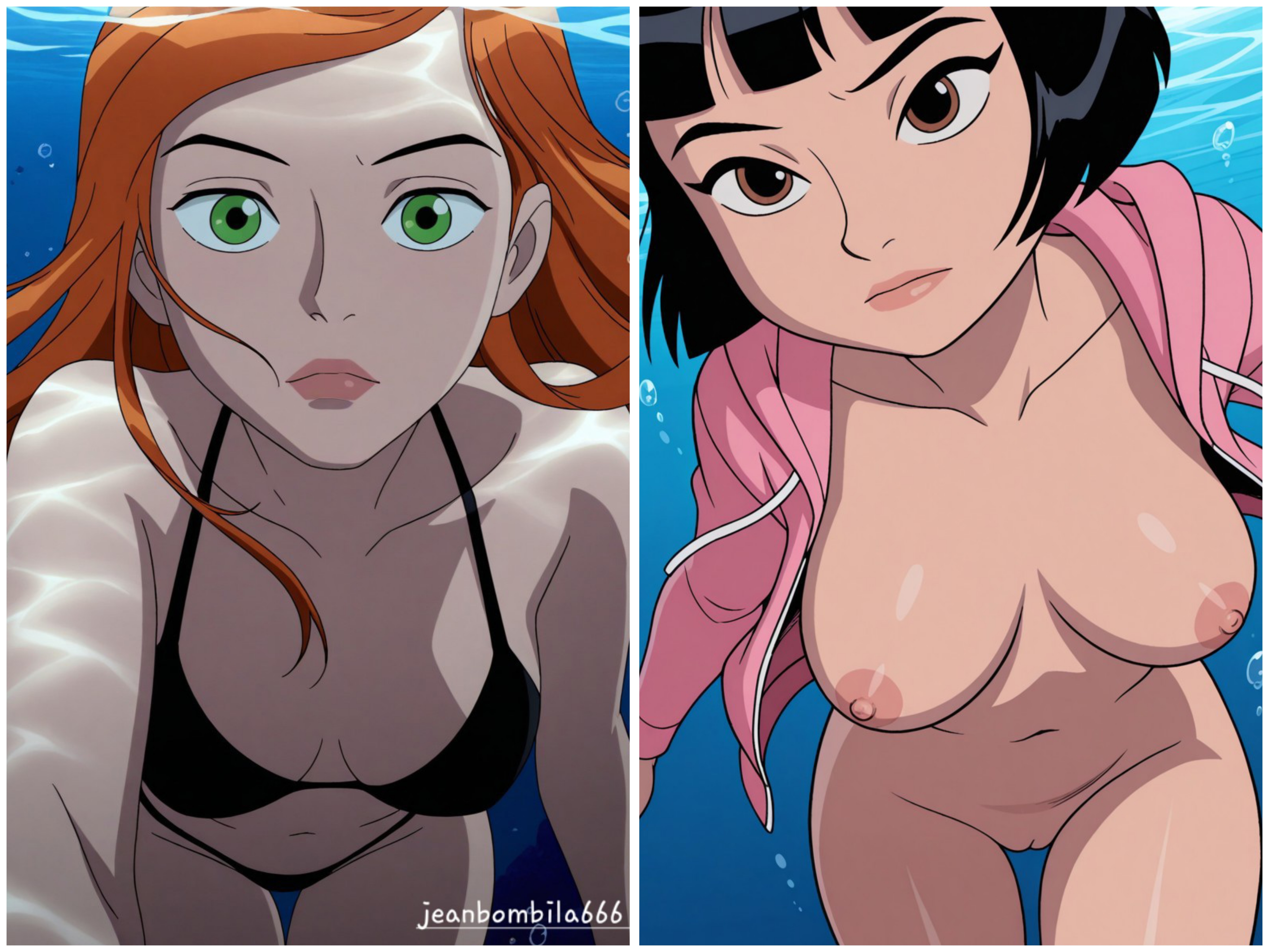 2girls, ai generated, ben 10, ben 10 alien force, ben 10 ultimate alien, cartoon network, female, female only, gwen tennyson, gwen tennyson (alien force), gwen tennyson (ultimate alien), jeanbombila666, julie yamamoto, multiple females, multiple girls, oppai, underwater