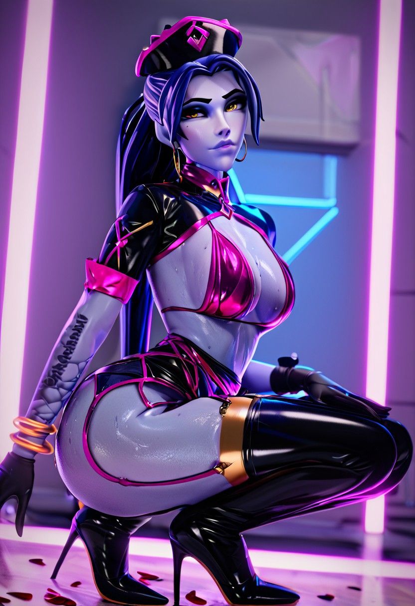 1girls ai_generated amelie amelie_lacroix ass big_ass big_breasts breasts dripping female goth goth_girl lacroix latex latex_gloves latex_suit latex_thighhighs overwatch overwatch_2 pornlandlord shiny_skin sweat sweaty thighhighs wet wet_body widowmaker