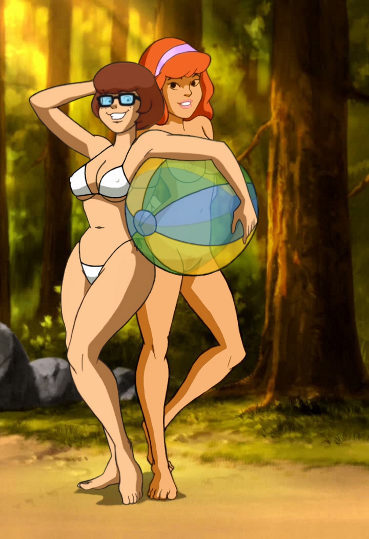 2girls ball barefoot bikini brown_hair camp_scare daphne_blake edit female female_only frost969 glasses hanna-barbera human multiple_females multiple_girls nipples nude red_hair scooby-doo scooby-doo!_camp_scare screenshot_edit smile third-party_edit transparent uncensored velma_dinkley