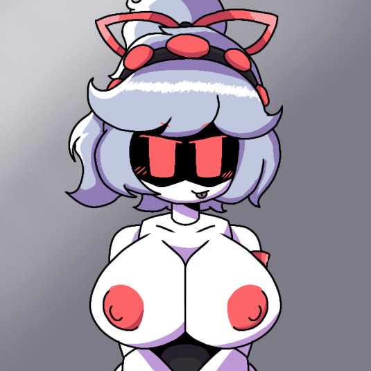 1girls, 2025, 2d, alternate universe, armband, breasts, female, female only, glitch productions, grey hair, large areolae, large breasts, lizzy (murder drones), murder drones, red eyes, red nipples, robot, robot girl, solo, tagme
