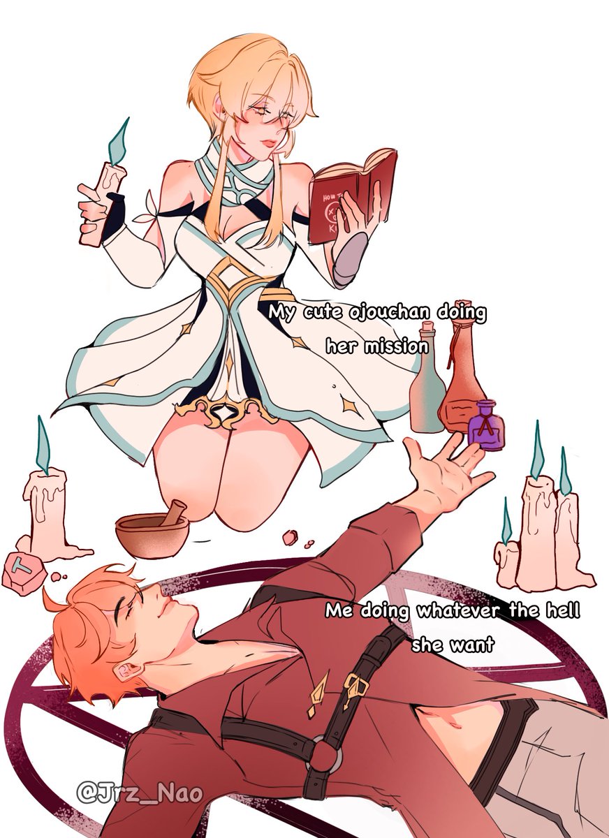 1boy 1girls bare_thighs blonde_female blonde_hair book candle childe_(genshin_impact) english_text female genshin_impact ginger lumine_(genshin_impact) lying_on_back male male/female meme my_hot_witch_wife potion potion_bottle reading reading_book short_hair_female short_hair_with_long_locks straight tartaglia_(genshin_impact) witchcraft