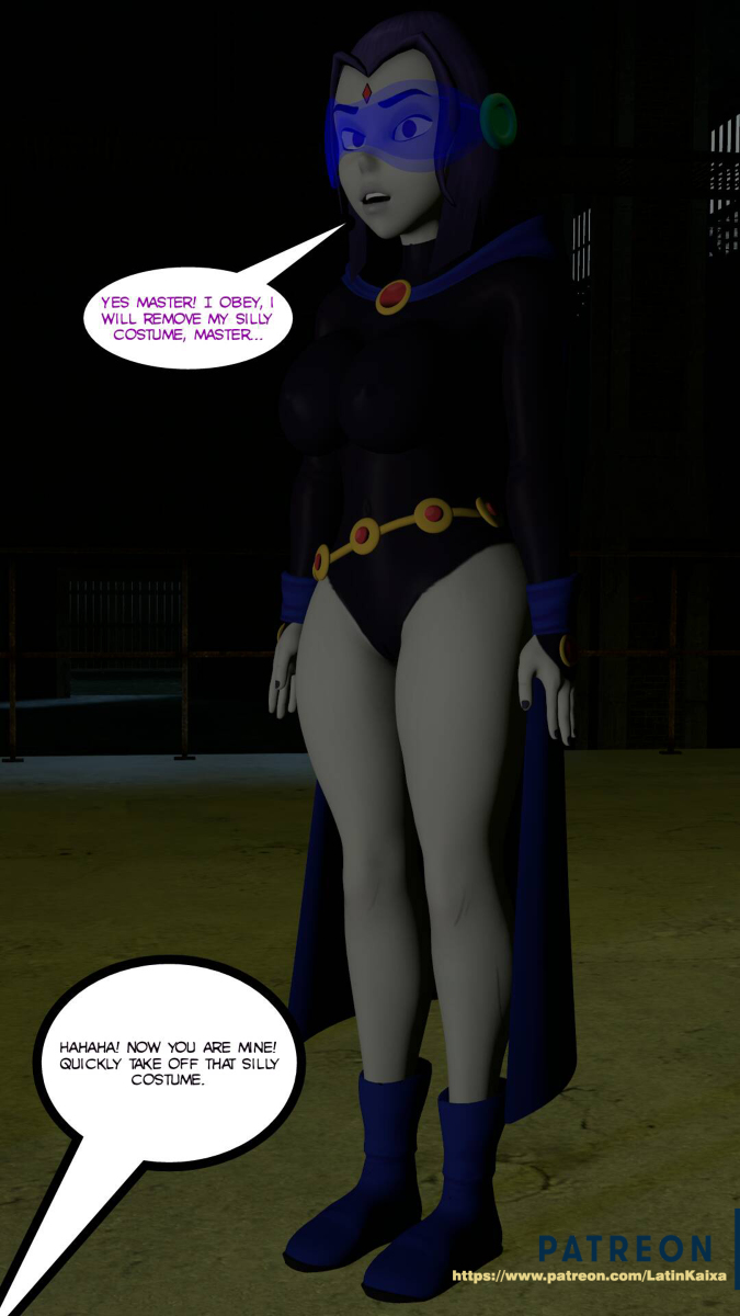 3d black_leotard dc_comics english_text hypnosis latinkaixa leotard mind_control raven_(dc) speech_bubble teen_titans web_address