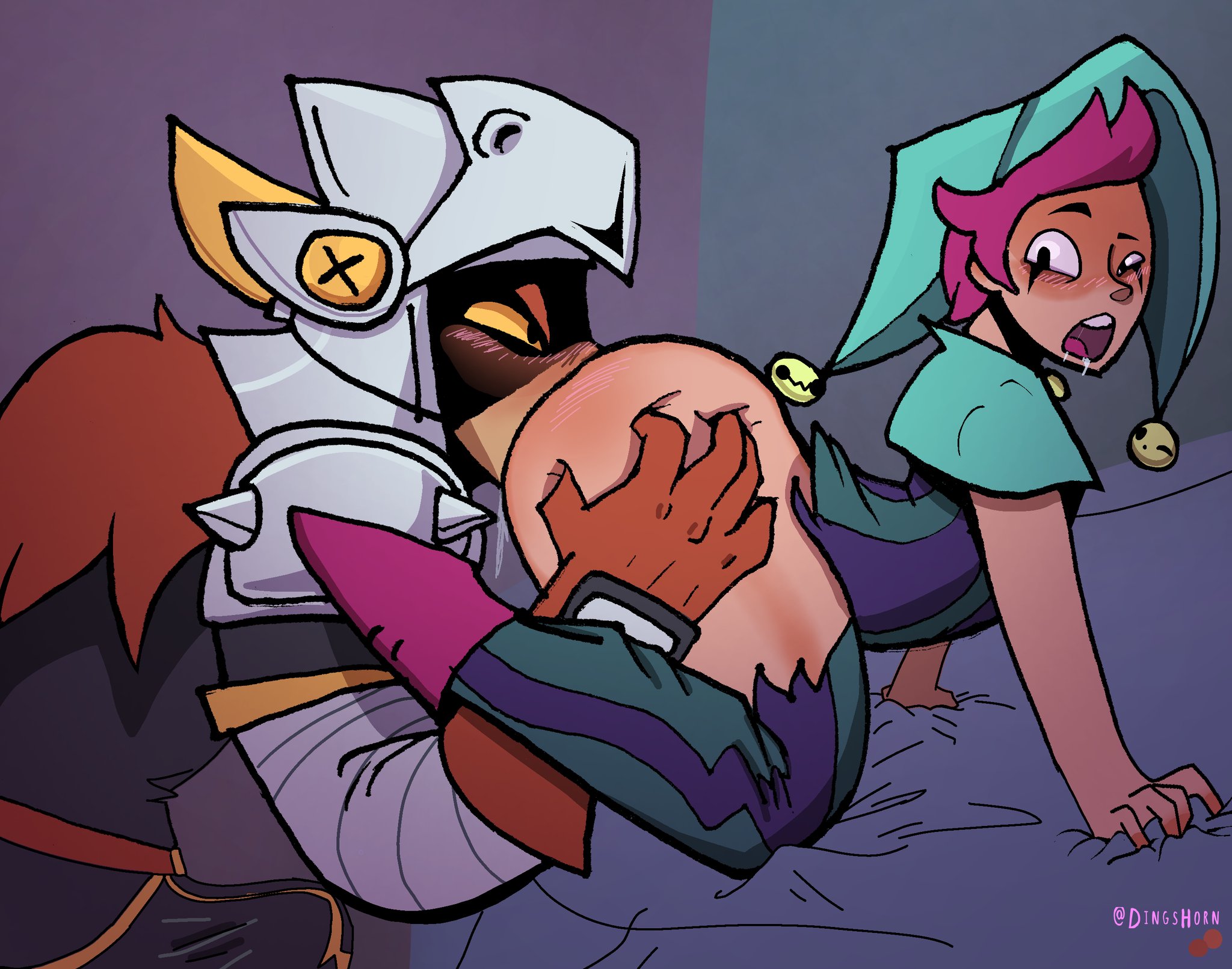 2024, 2boys, anal, anilingus, armor, ass, ass grab, blush, bodily fluids, brawl stars, bulge, butt grab, chester (brawl stars), clothed, clothing, dingshorn, draco (brawl stars), drooling, duo, erection, erection under clothes, gay, half-closed eyes, helmet, horndyng (artist), human, human on human, male, male only, male/male, narrowed eyes, open mouth, rimjob, rimming, saliva, simple background, supercell, tongue, yaoi, yellow sclera