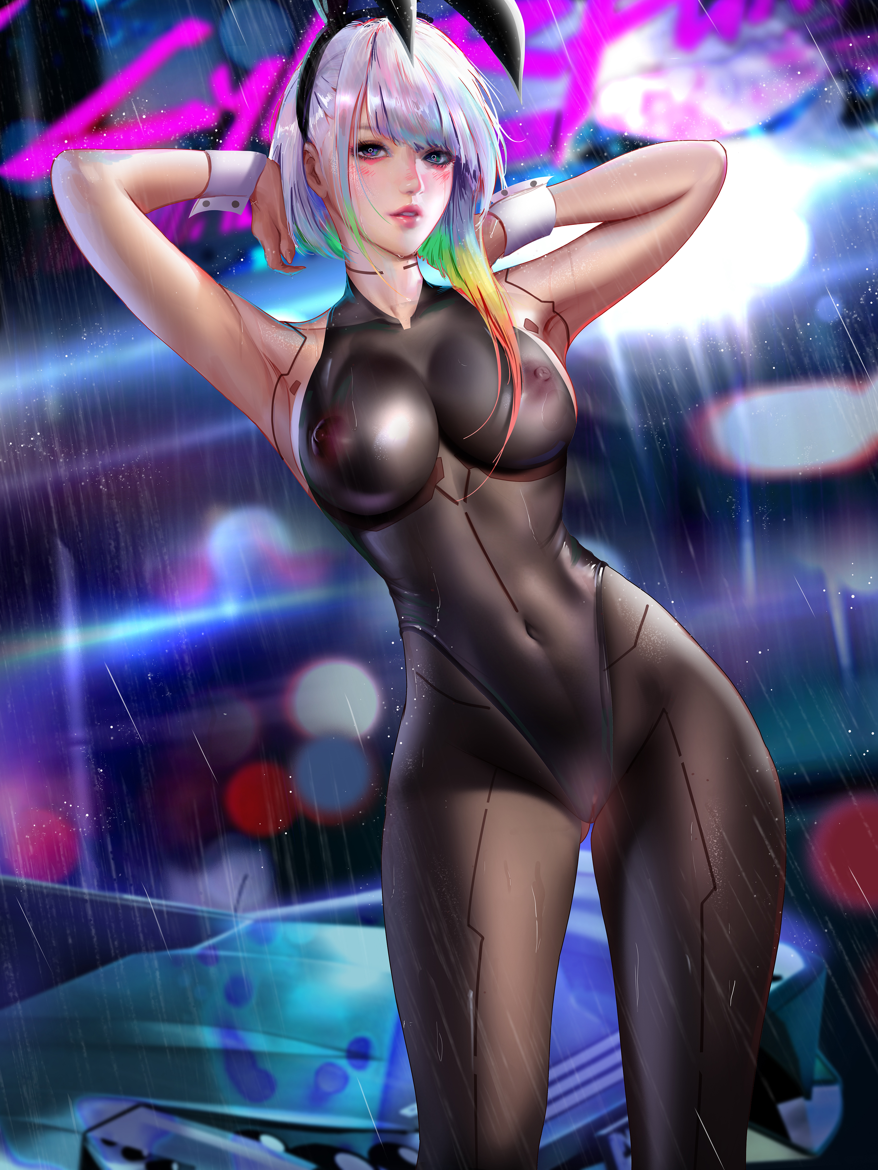 1girls, ass, athletic, athletic female, big ass, big breasts, breasts, bunny ears, bunnysuit, cd projekt red, cybernetics, cyberpunk 2077, cyberpunk: edgerunners, cyborg, female, female only, latex, latex suit, liang xing, light skin, light-skinned female, lucyna kushinada, netflix, pussy, skindentation, studio trigger, thick thighs, tight clothing, tight fit, uncensored