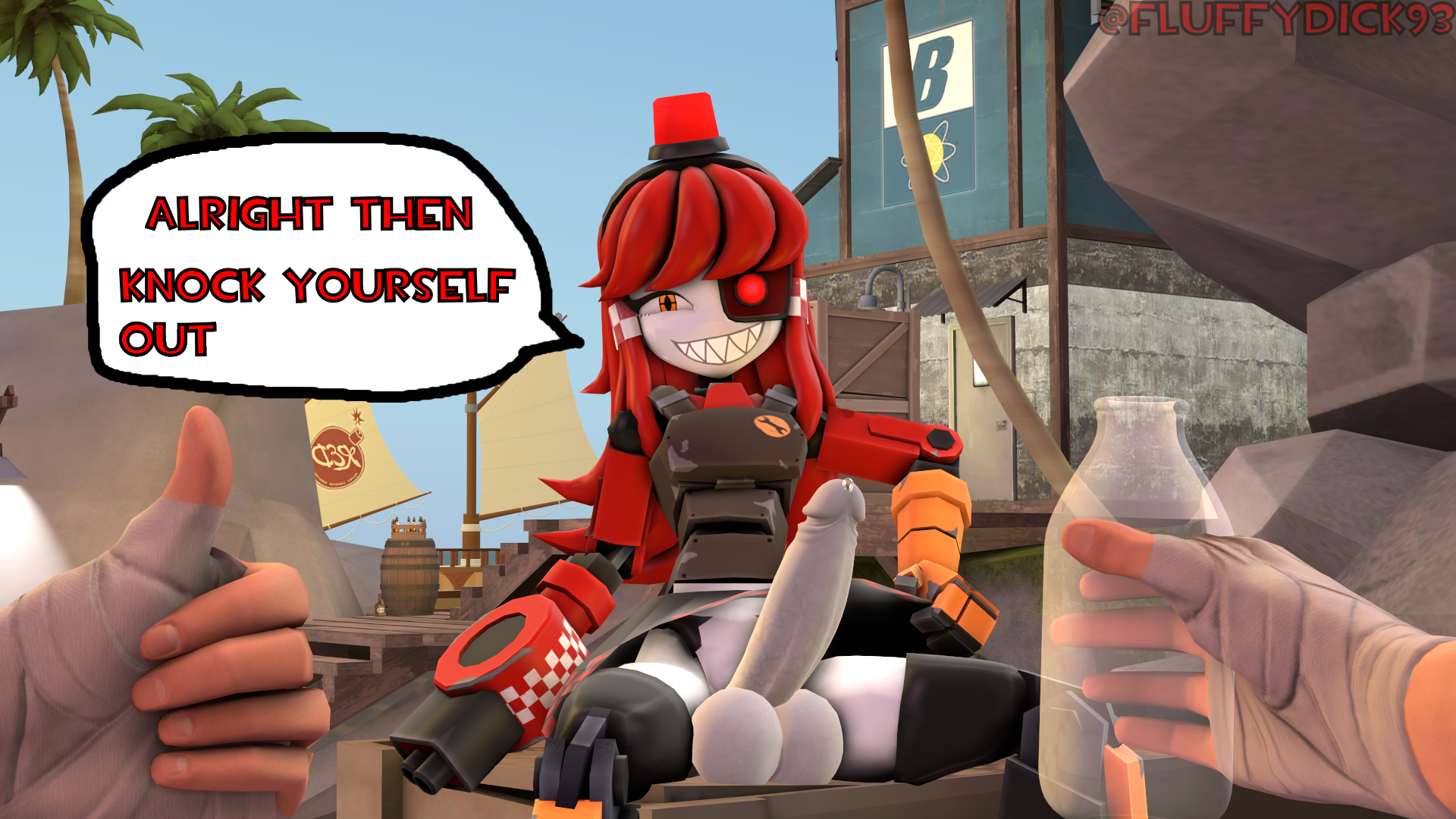1futa, 3d, big penis, dialogue, female, futa only, futanari, human, intersex, mimi sentry, part 2, penis, robot, robot girl, scout (team fortress 2), speech bubble, team fortress 2, text, valve, white body