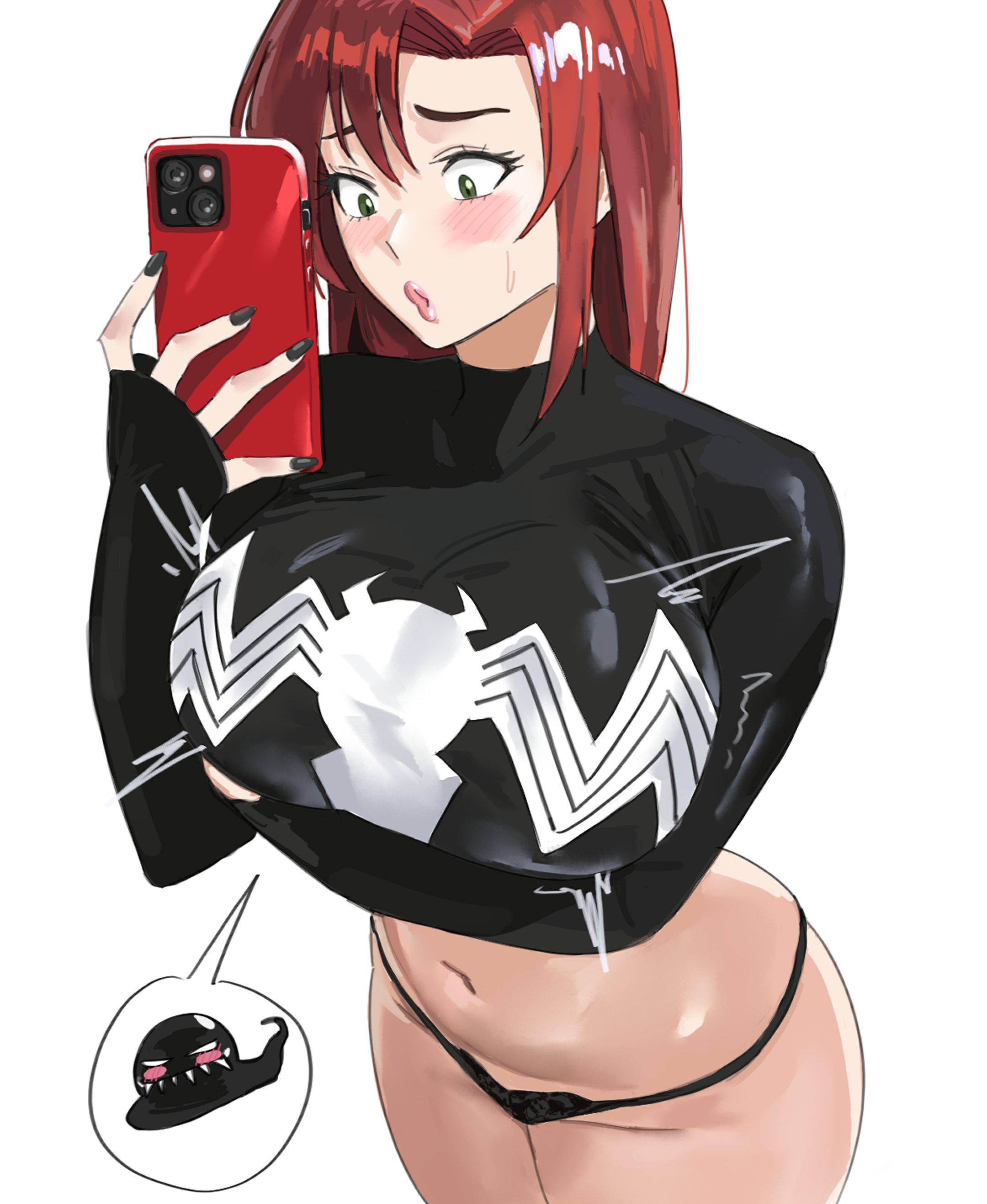 1girls, breasts, duplicate, female, female focus, female only, large breasts, light skin, light-skinned female, marvel, marvel comics, mary jane watson, midriff, mugi (mugit49), mugit49, phone, red hair, solo, spider-man (series), symbiote, thighs, thong, white background