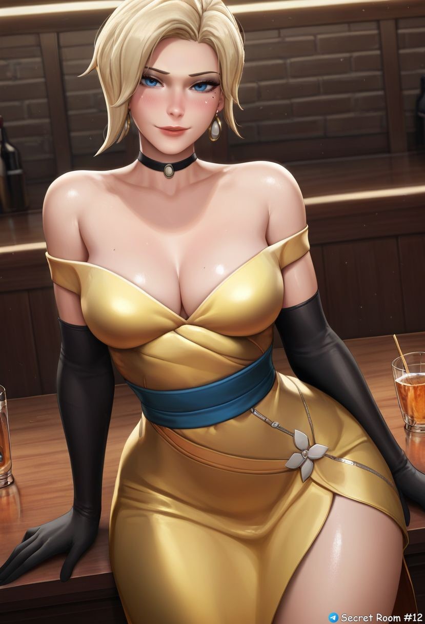 1female ai_generated angela_ziegler big_hips blue_eyes choker curvy curvy_figure female formalwear_mercy front_view gloves gold_clothing gold_dress gold_jewelry looking_at_viewer mature_female mature_woman mercy overwatch overwatch_2 pony_diffusion_xl secret_room12 shiny_skin short_hair sitting stable_diffusion video_game video_game_character video_games