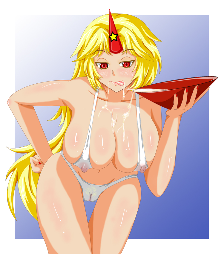 1girls bikini blonde_hair blush blushing cameltoe cum drunk female female_focus female_only horn horned_humanoid horns hoshiguma_yuugi large_breasts licking_lips long_hair looking_at_viewer oni oni_horns pointy_ears red_eyes see-through shackle simple_background single_horn solo thighs tongue_out touhou