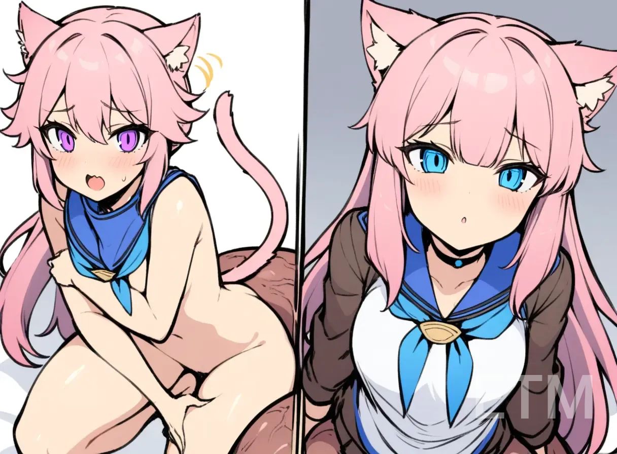 ai_generated blue_eyes blue_hair cat_ears cat_tail catgirl female himari_neko long_hair naked_female nervous pink_hair purple_eyes school_uniform short_hair