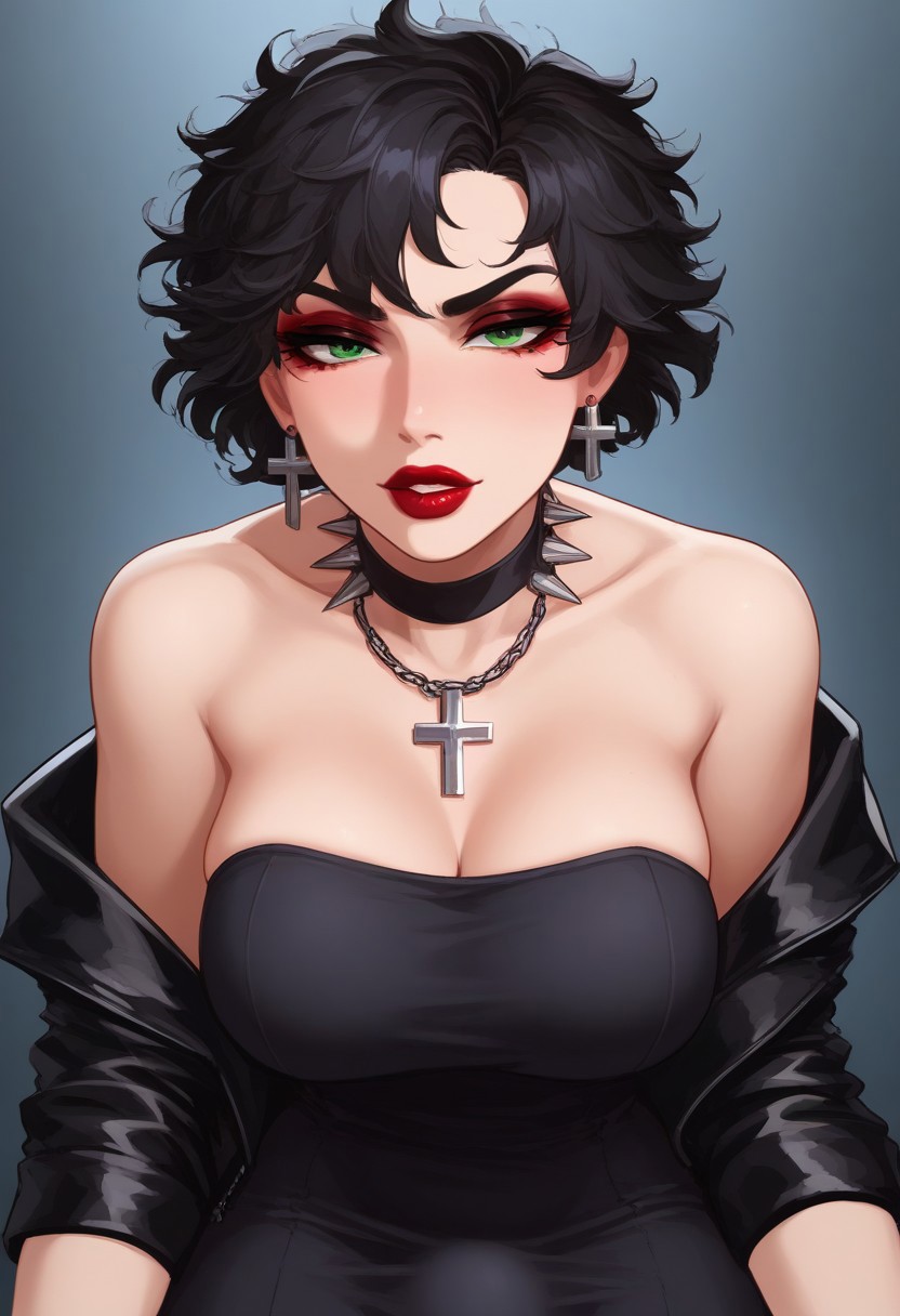 1futa ai_generated bare_shoulders black_dress black_hair black_leather_jacket blondshell civitai cleavage cowboy_shot cross_earrings earrings expressiveh futa_only futanari green_eyes human human_only jacket large_breasts leather_jacket light-skinned_futanari light_skin looking_at_viewer off_shoulder pony_diffusion_xl solo spiked_choker strapless_dress upper_body_focus