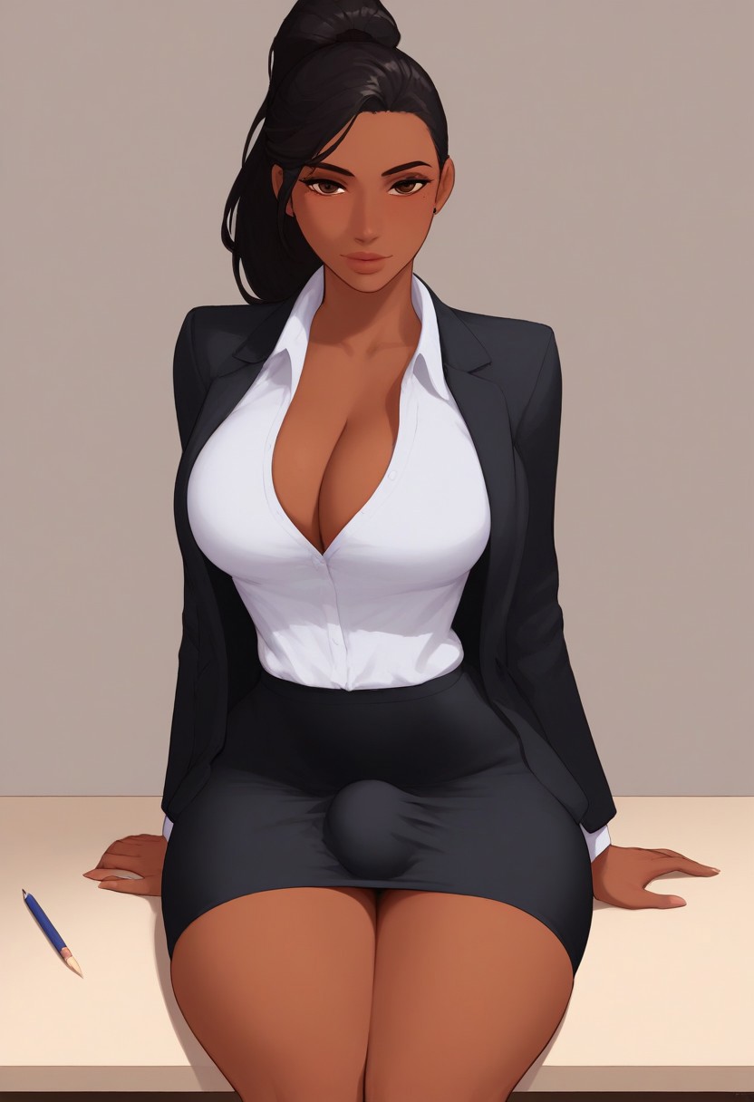 1futa 2d ai_generated big_bulge black_hair black_jacket black_skirt blondshell bulge bulge_through_clothing civitai closed_mouth collarbone collared_shirt dark-skinned_futanari dark_skin desk expressiveh futa_only futanari jacket lips long_hair looking_at_viewer miniskirt on_desk original_character pencil_(object) pencil_skirt pony_diffusion_xl ponytail shirt sitting_on_desk skirt_suit solo teacher white_shirt