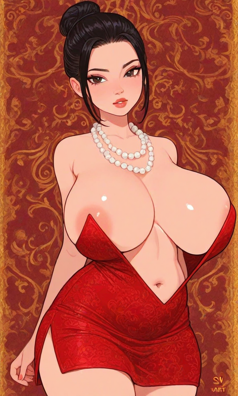 1girls ai_generated areola_slip areolae black_hair cleavage cleavage_overflow flat_colors hair_bun huge_breasts kosine1777 kosineverse original original_character pearl_necklace red_dress shizue_(kosine1777)