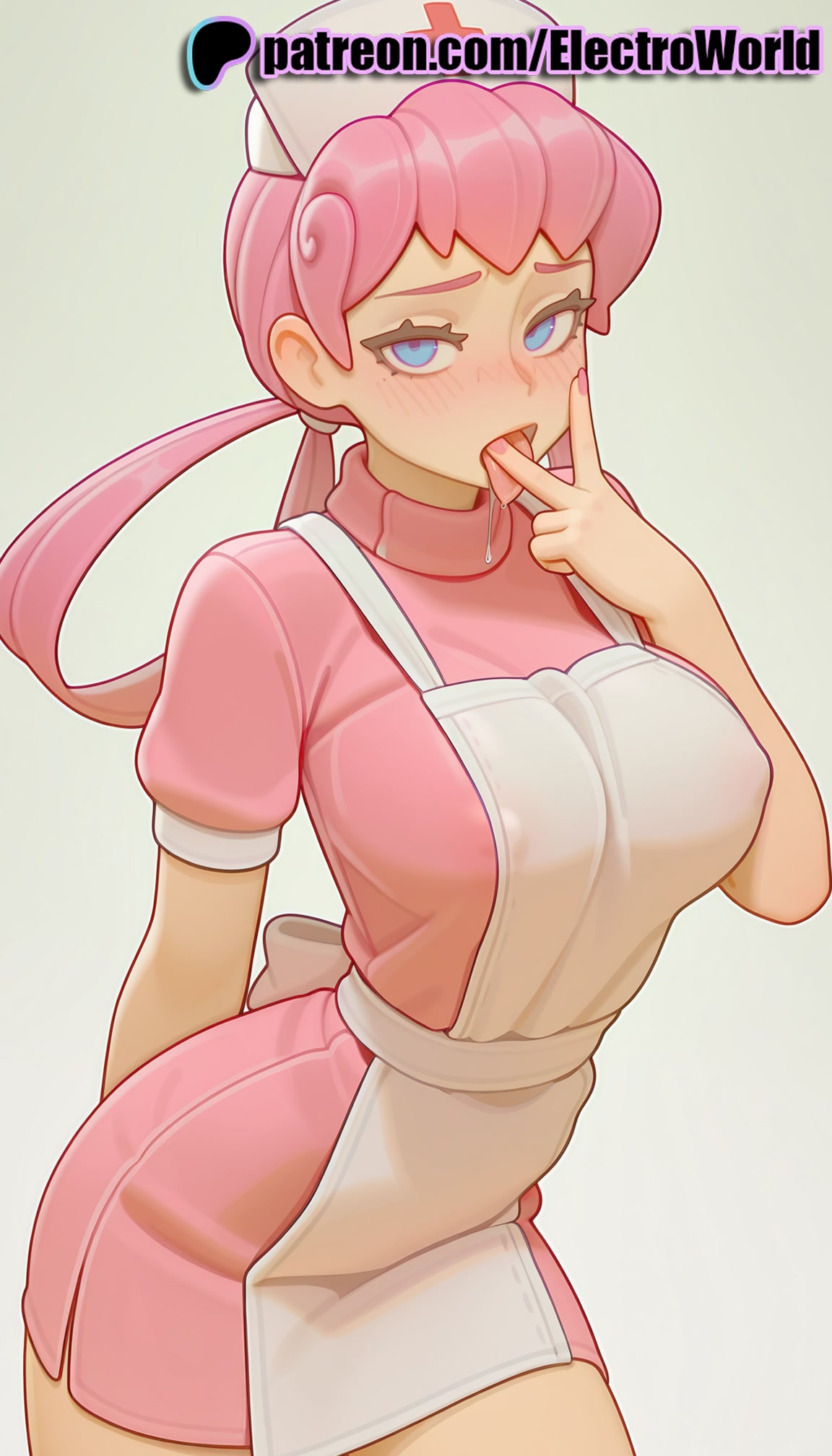 1girls, 2025, ai generated, artist name, blue eyes, blush, breasts, bust, chest, dark skin, electroworld, female, gradient, gradient background, hi res, high quality, high resolution, highres, long hair, nurse joy, patreon, patreon username, pink hair, pokemon, solo, stable diffusion, tongue, watermark