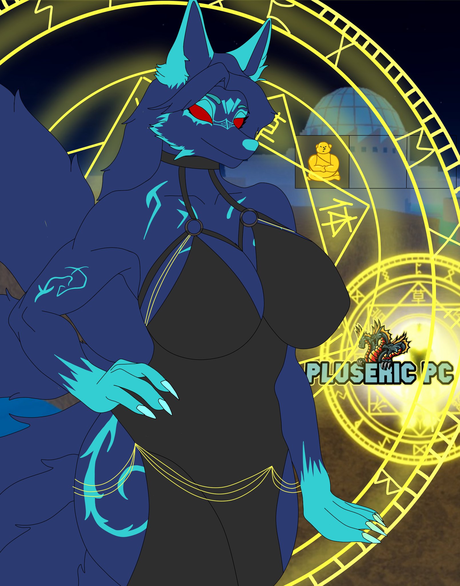 2d, blox fruits, blox fruits oc, blue skin, female, female only, fur, furry, kitsune, onyx (minstlu), pluseric pc, red eyes, roblox, roblox game, robloxian, sexy pose