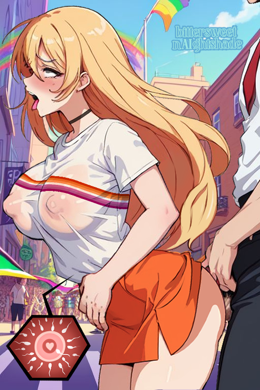 1boy 1girls ahe_gao ai_assisted ai_generated bittersweetnaightshade blonde_hair choker clothed_sex dubious_consent homophobia implied_sex impregnation lesbian_pride_colors lesbian_with_male lesbians_getting_dick long_hair miniskirt nipple_bulge nipples_visible_through_clothing offscreen_male orientation_play pale_skin pride_color_clothing pride_colors pride_flag pride_parade public public_sex questionable_consent straight_sex