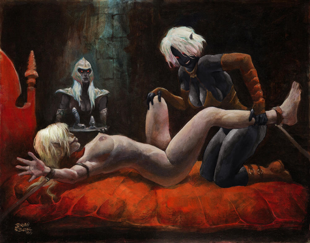 2009 areolae artist_name ball_gag bed boots breasts brian_leblanc buttjob clothed_female_nude_female dark_elf dildo drow elf elf_ears elf_female nipples nude nude_female on_bed restrained short_hair spread_legs tagme white_hair yuri