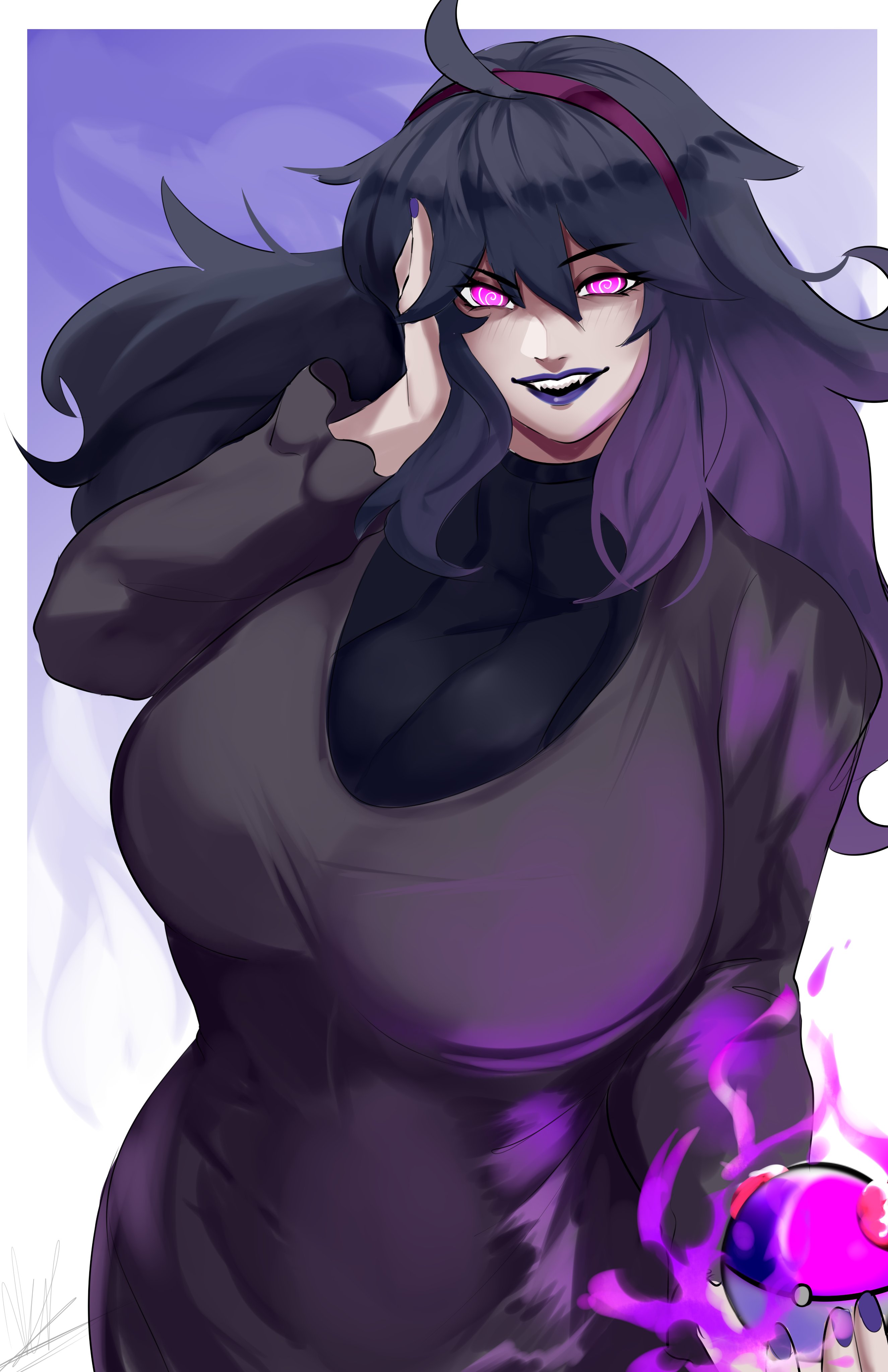 @ @, absurdres, alternate breast size, bags under eyes, breasts, fangs, female, female focus, female only, fingernails, hairband, hex maniac, hex maniac (pokemon xy), highres, huge breasts, long hair, looking at viewer, nail (hardware), nintendo, nose, pink eyes, poke ball, pokemon, pokemon xy, purple hair, puzzled artist, sharp teeth, smile, solo, teeth, very long hair