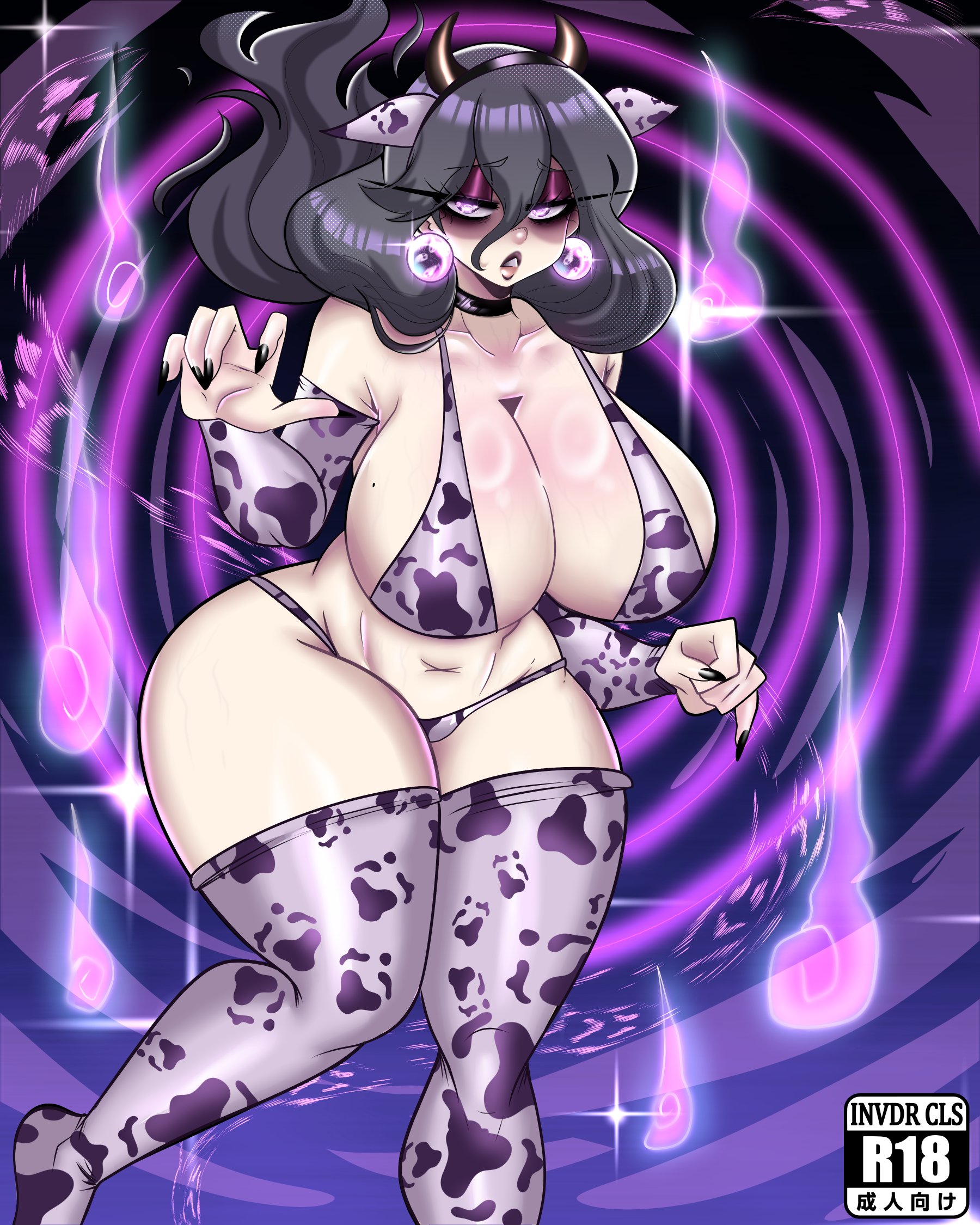 1girls, arm sleeves, ass, big ass, big breasts, bikini, black nails, breasts, cow ears, cow ears headband, cow girl, cow horns, cow horns headband, cow print, cow print armwear, cow print bikini, cow print thighhighs, eyeshadow, female, game freak, hex maniac, hex maniac (pokemon legends: z-a), invdrcls, leggings, lips, lipstick, looking at viewer, nail polish, nintendo, npc trainer, pokemon, pokemon legends: z-a, purple background, purple eyeshadow, purple hair, purple theme, tagme, thick thighs, thighhighs, voluptuous, voluptuous female, wide hips