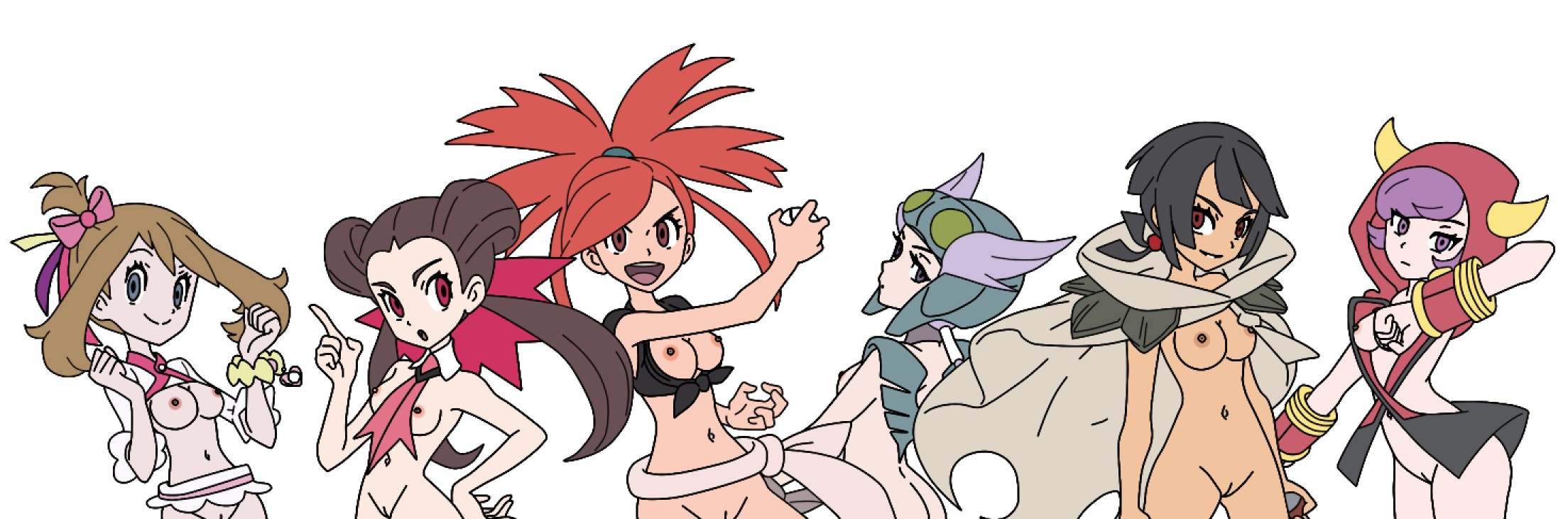 6girls, black hair, bottomless, breasts, brown hair, candela (pokemon), courtney (pokemon oras), courtney (pokemon), dark skin, dark-skinned female, edit, eyelashes, female, female only, flannery (pokemon oras), flannery (pokemon), grey eyes, gym leader, holding, human, human only, long hair, looking at viewer, may (pokemon oras), may (pokemon), multiple females, multiple girls, nintendo, nipples, nude filter, open mouth, poke ball, pokemon, pokemon oras, ponytail, purple eyes, purple hair, pussy, red eyes, roxanne (pokemon oras), roxanne (pokemon), short hair, smile, winona (pokemon oras), winona (pokemon), zinnia (pokemon)