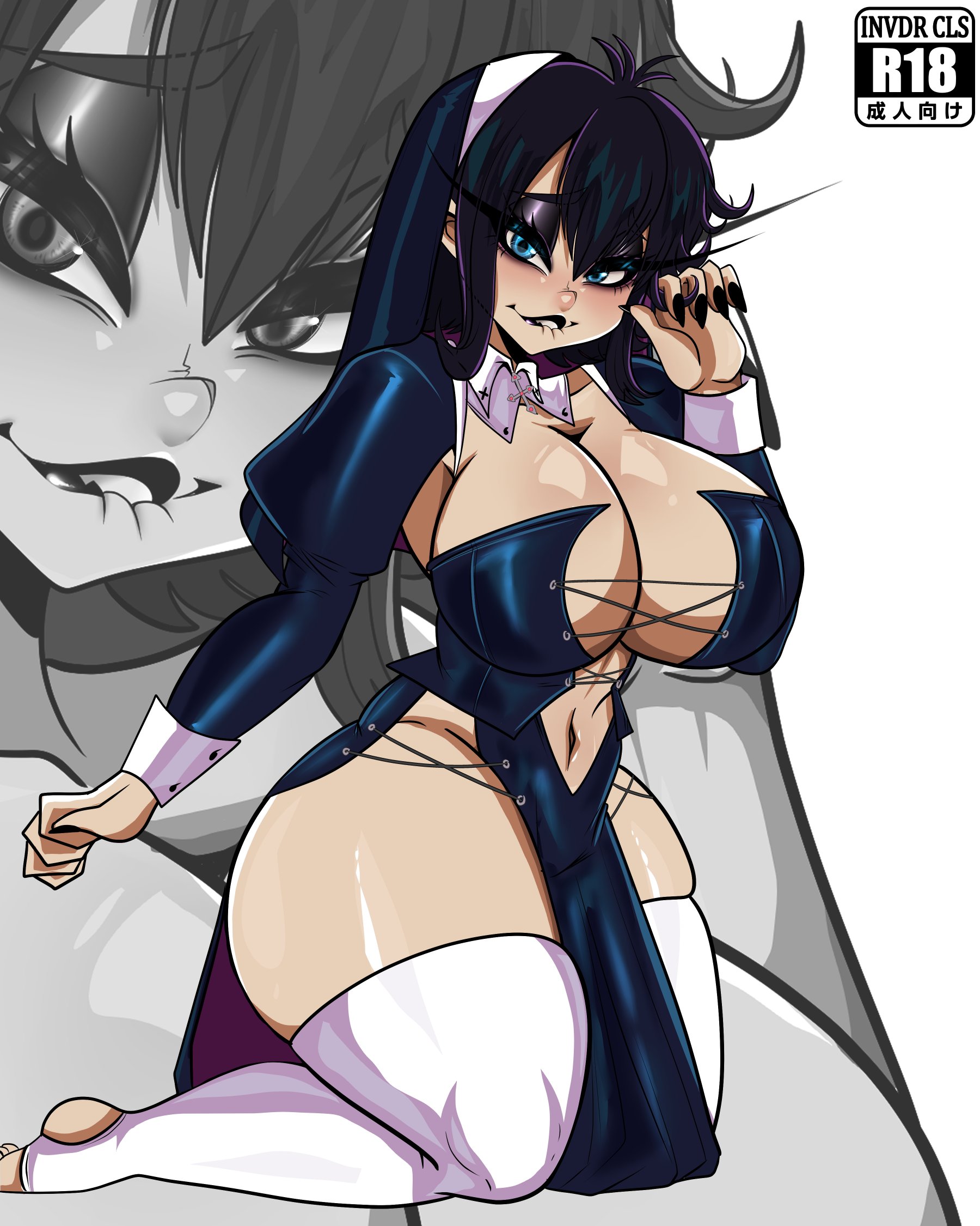 1girls, 2024, big breasts, big thighs, biting own lip, black eyeshadow, black hair, black lipstick, blue eyes, breasts, female, female only, hotel transylvania, invdrcls, kneeling, looking at viewer, mavis dracula, nun, nun outfit, smiling, smiling at viewer, solo, tagme, thick thighs, thighhighs, toeless legwear, vampire, vampire girl, white thighhighs