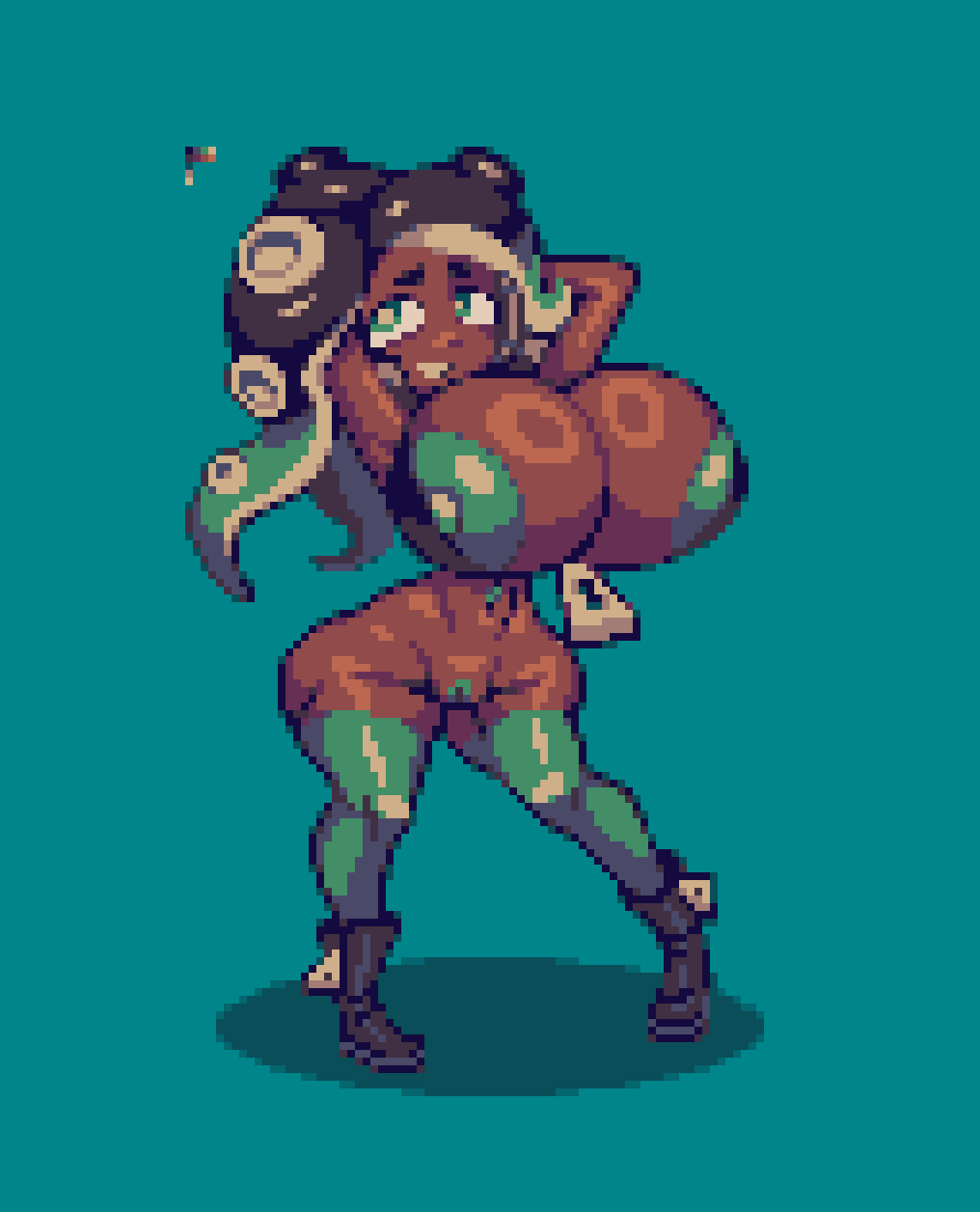 1girls anonsprite areolae bottomless cleavage dark_skin huge_breasts marina_(splatoon) nipples octoling octoling_girl pierced_nipples splatoon tagme teal_areola teal_eyes teal_face zipper