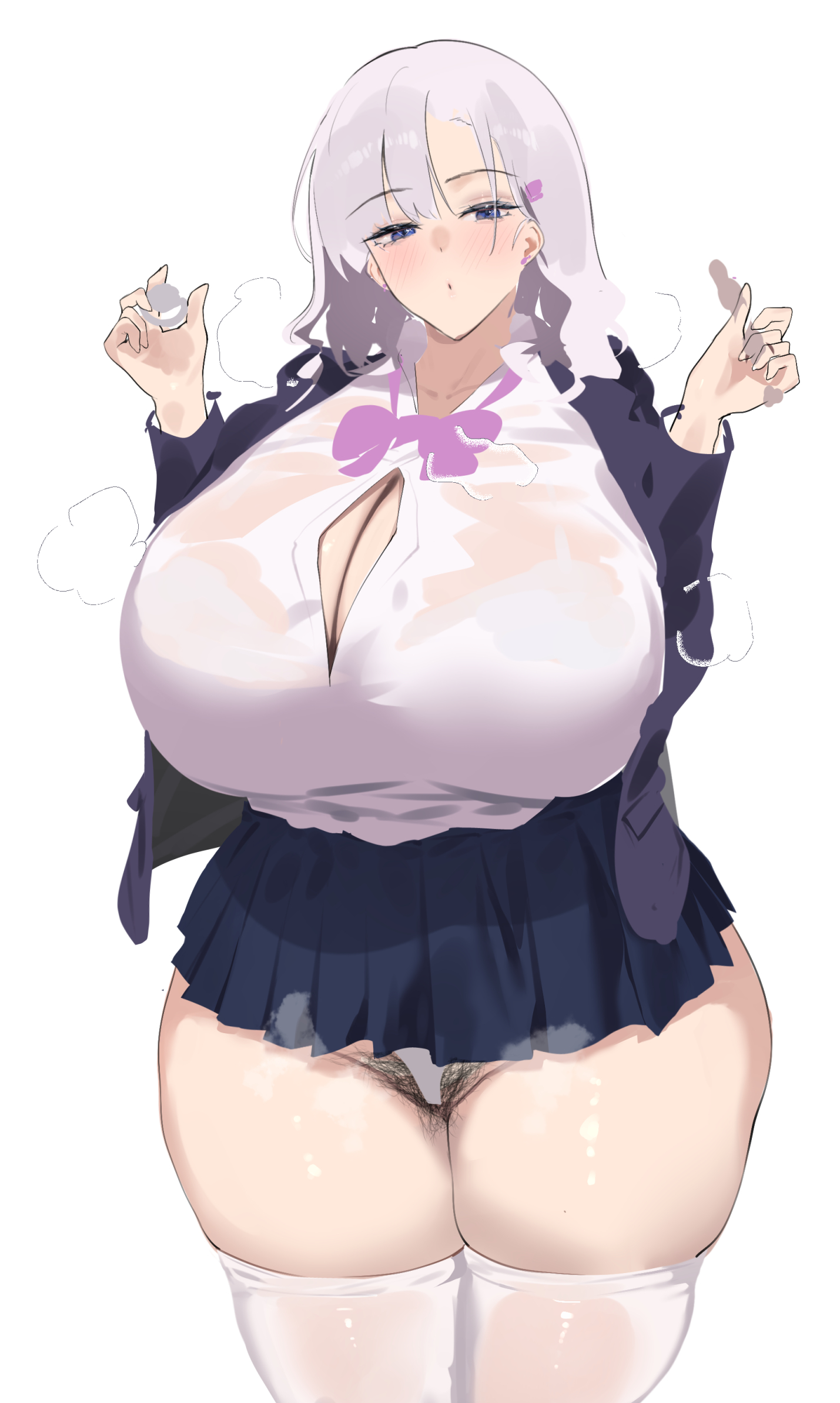 1girls, absolute territory, big breasts, bra visible through clothes, breasts, button gap, chastity, chastity cage, female, female only, femdom, huge breasts, light skin, light-skinned female, looking at viewer, miniskirt, overflowing thighs, pubic hair, pubic hair peek, school uniform, see-through, see-through clothing, seito edaha, seitoedaha, skindentation, solo, tagme, zettai ryouiki