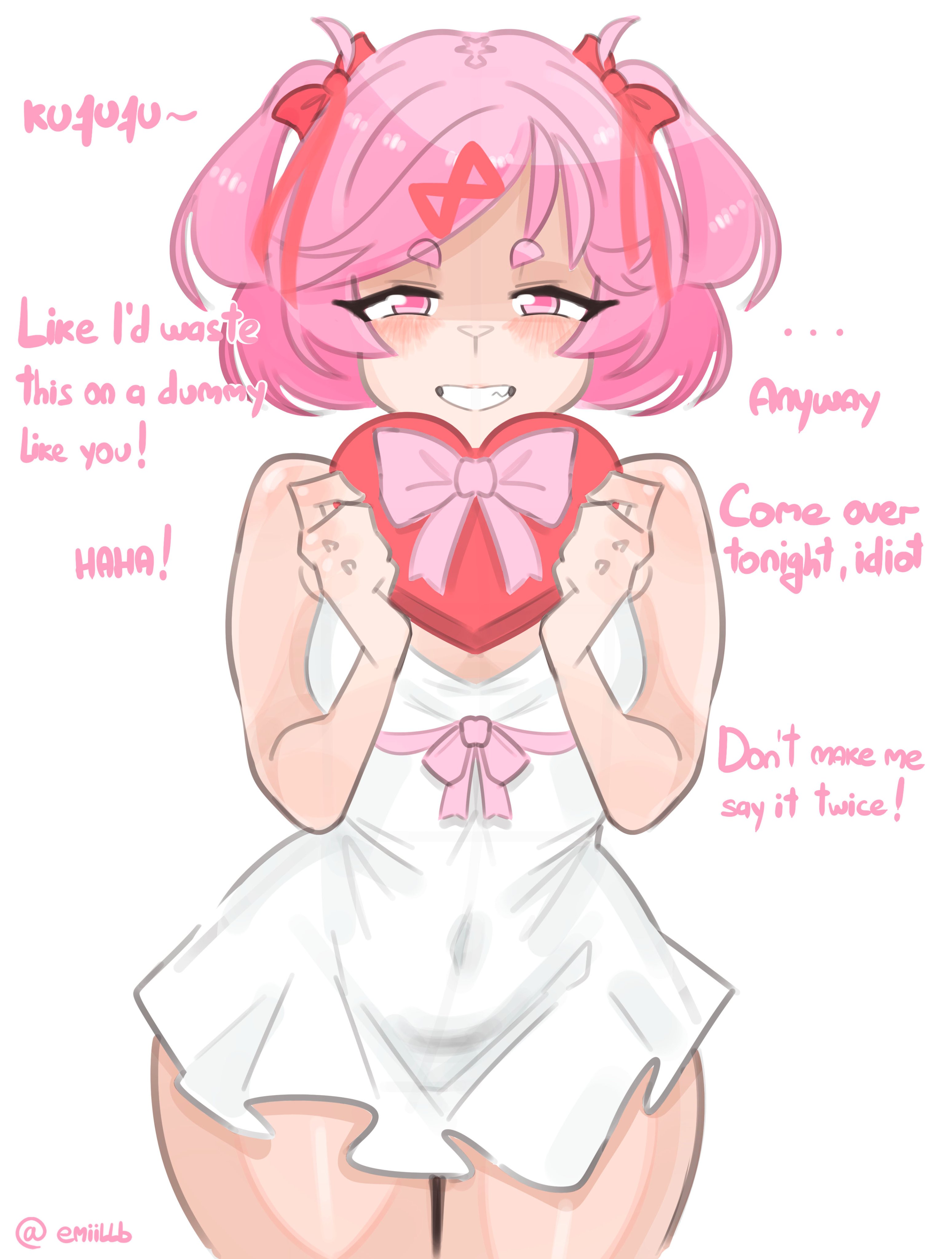 1girls, bob cut, chocolate box, ddlc, doki doki literature club, emiillb, female, female only, heart, heart shaped box, high quality, high resolution, highres, holidays, implications, natsuki (doki doki literature club), not porn, petite, pink eyes, pink hair, ribbon, ribbon in hair, short hair, stained dress, team salvato, text, tsundere, twintails, twitter link, valentine's day, white dress, wholesome, x hair ornament
