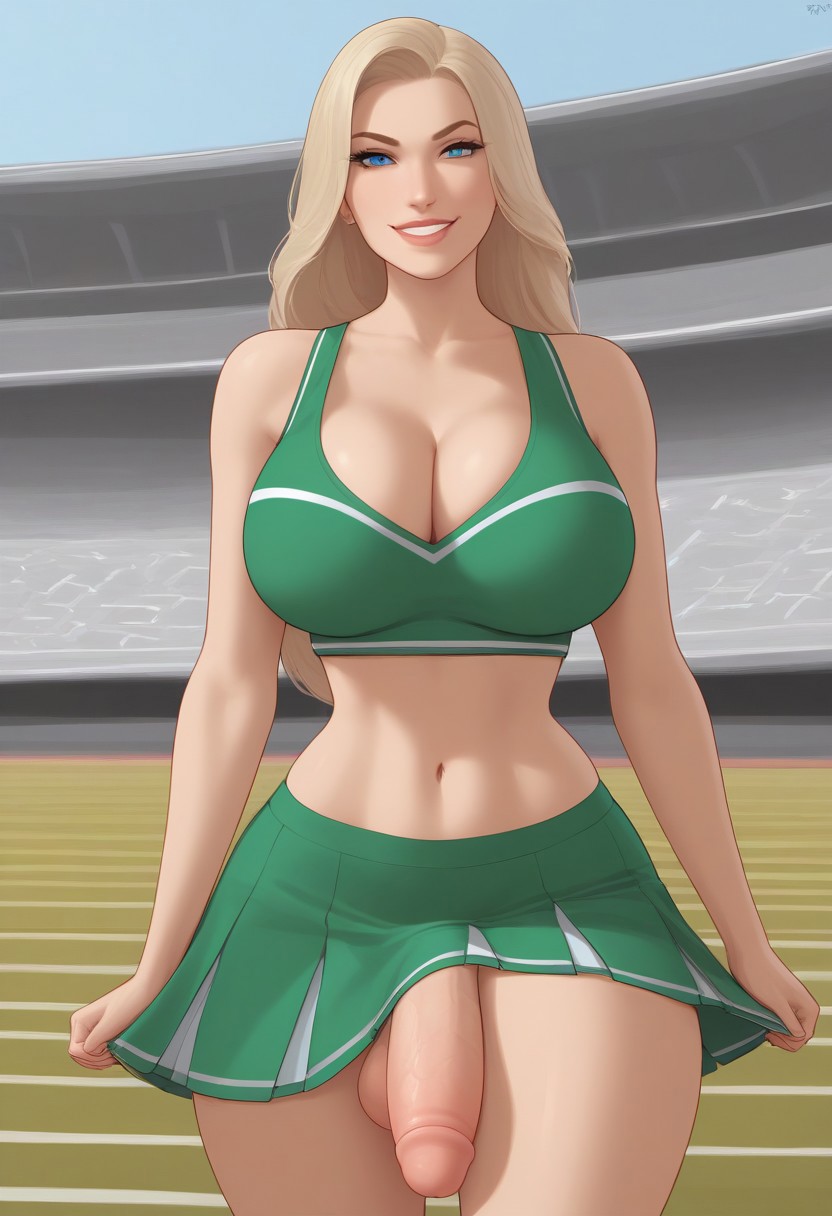 1futa, 2d, ai generated, balls, big penis, blonde hair, blondshell, blue eyes, breasts, cheerleader, cheerleader uniform, civitai, cleavage, collarbone, crop top, expressiveh, flaccid, flaccid penis, futa only, futanari, grin, intersex, large balls, large breasts, large testicles, light skin, light-skinned futa, lips, long hair, looking at viewer, midriff, navel, no panties, penis, platinum blonde hair, pleated skirt, pony diffusion xl, smile, smooth penis, solo, testicles, thick penis, thighs