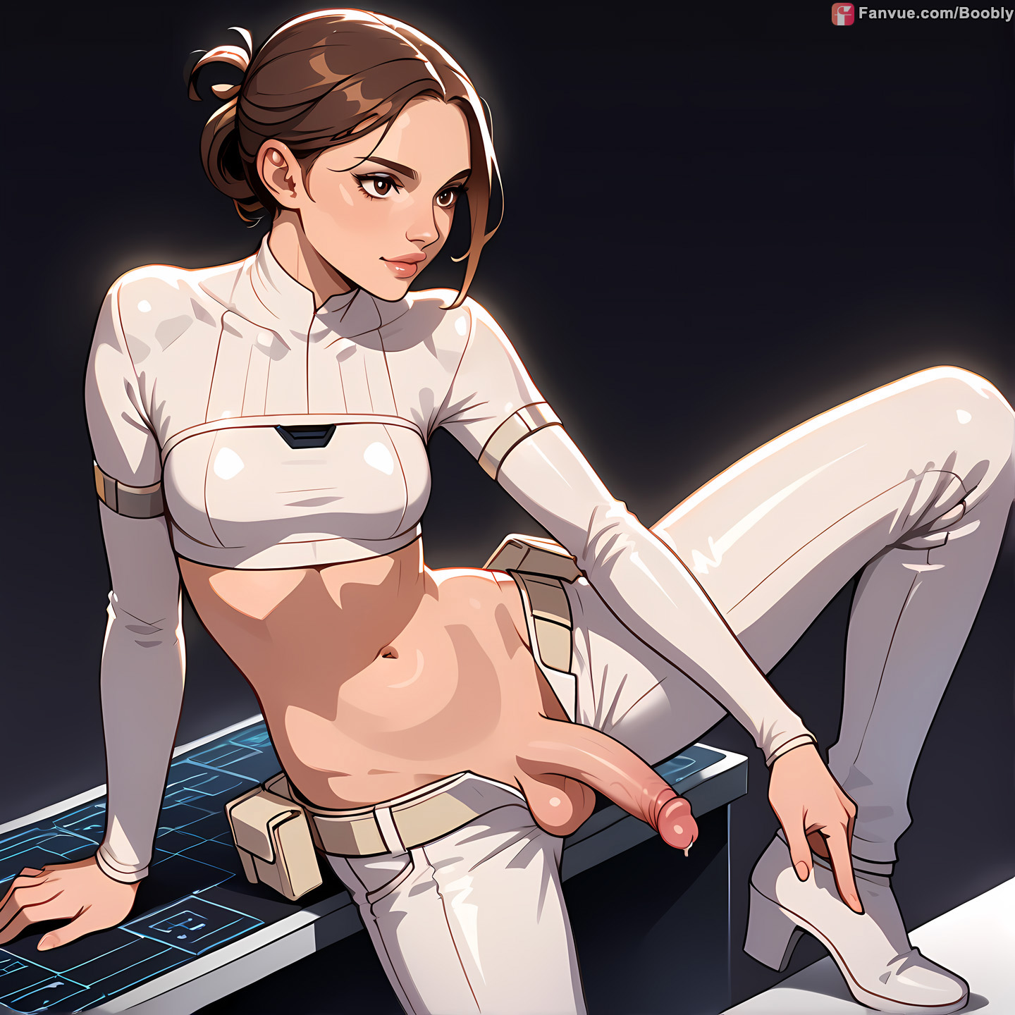 ai generated, belt, boobly, boots, brown hair, futanari, hair bun, intersex, natalie portman, padme amidala, pants down, precum, star wars, white shirt