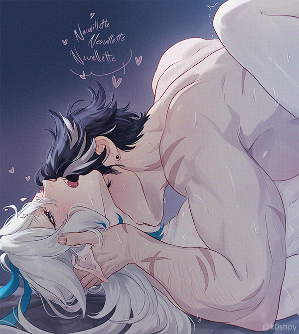 gay genshin_impact kissing_neck kissing_while_penetrated legs_up male_only neuvillette_(genshin_impact) scars_all_over shivering sweat text wriothesley_(genshin_impact) yaoi