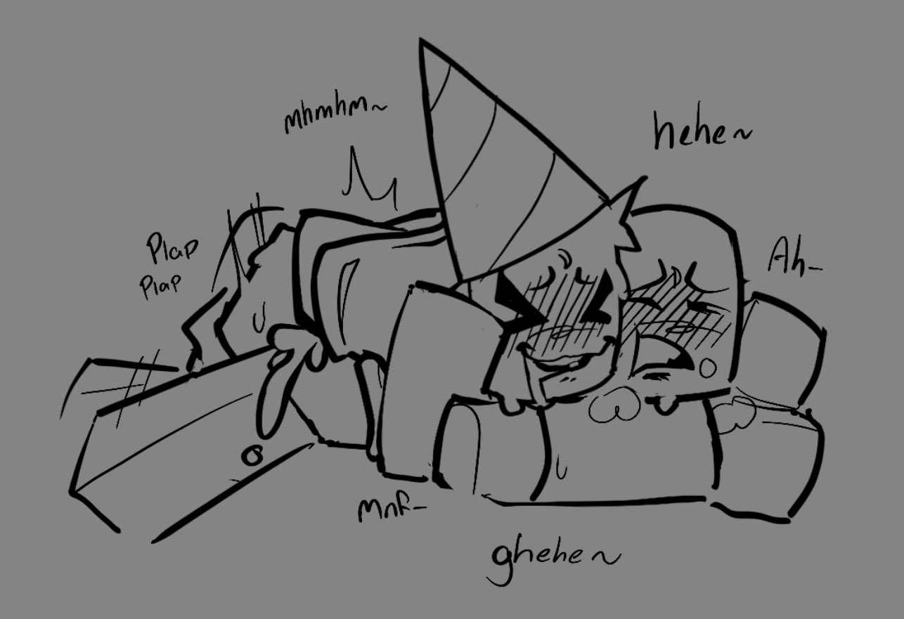 > <, 2d, accurate robloxian, ambiguous gender, ambiguous penetration, blocky body, blush, closed eyes, consensual, consent, cum, cum inside, cumming, drool, drooling, hat, headwear, open mouth, panting, party hat, pavl0va02, poob (regretevator), regretevator, roblox, roblox game, robloxian, simple background, sketch, tagme, text, unprotected sex