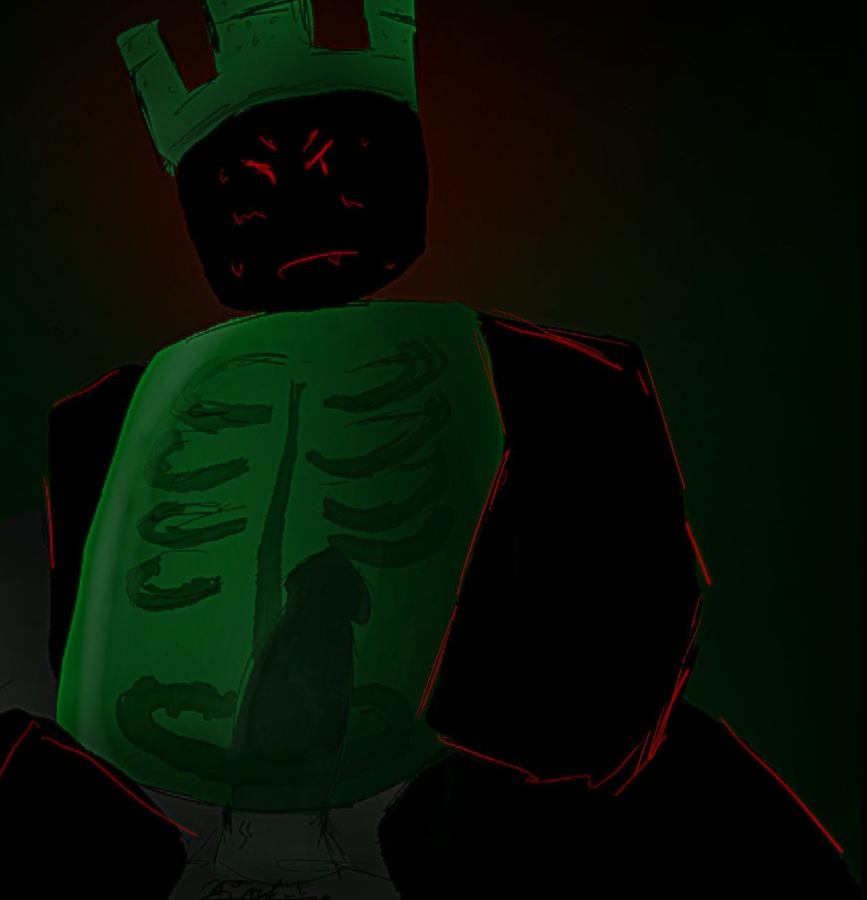 1x1x1x1 ambiguous_gender ambiguous_penetration arbuzarruu blush closed_eyes crown dominus forsaken_(roblox) gray_body green_body green_skin grey_skin headwear penis_in roblox skeleton sweat sweating