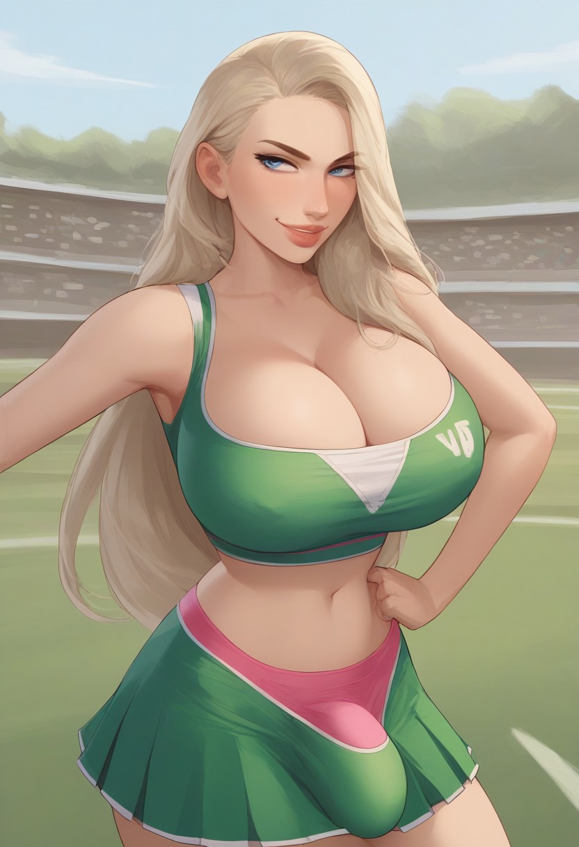 1futa 2d ai_generated aka6_(style) areolae bare_shoulders blonde_futa blonde_hair blondshell blue_eyes blue_sky bulge bulge_in_panties bulge_through_clothing cheerleader cheerleader_uniform civitai cowboy_shot crop_top day expressiveh futa_only futanari hand_on_hip large_breasts light-skinned_futanari light_skin looking_at_viewer midriff navel panties pink_panties platinum_blonde_hair pleated_skirt pony_diffusion_xl skirt sleeveless solo standing