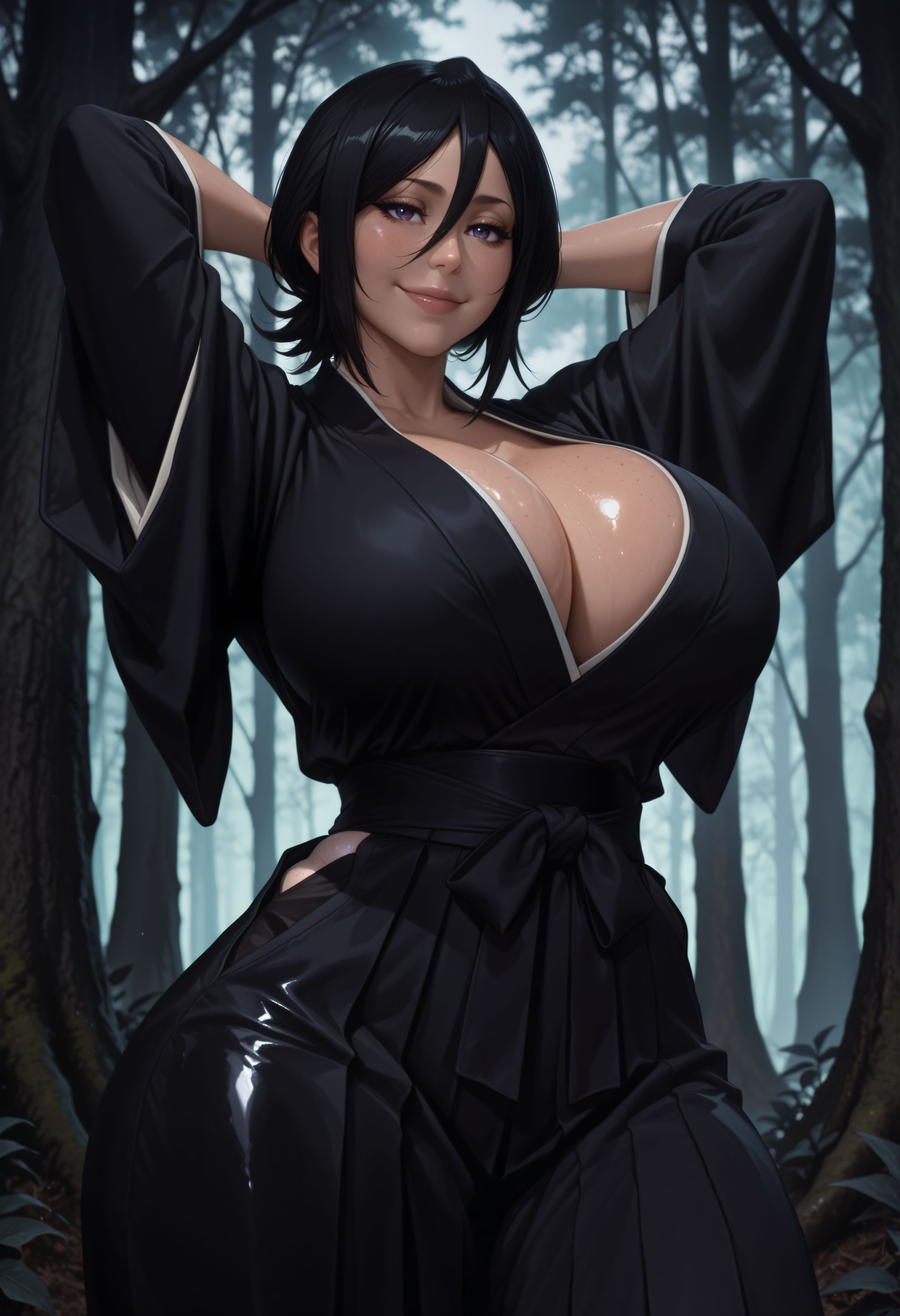 1girls, ai generated, alternate version at source, alternate version available, big breasts, bleach, breasts, female, female only, hands behind head, huge breasts, kuchiki rukia, light-skinned female, loraart, loraxxl (artist), no bra, seductive, seductive look, shiny skin, short hair, solo