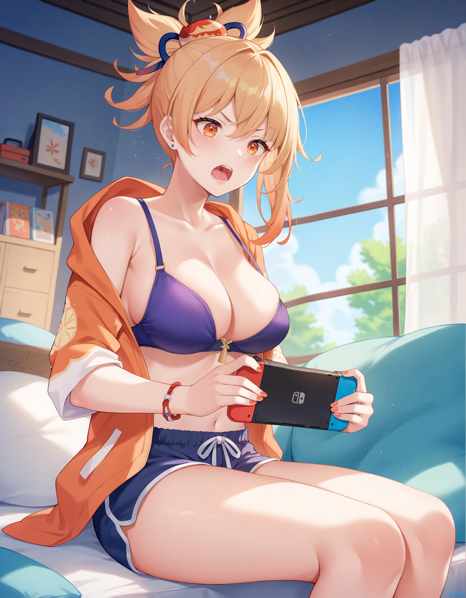 1girls, ai generated, bed, bedroom, belly button, blonde hair, bra, breasts, casual, cleavage, clothing, female, female only, genshin impact, large breasts, midriff, navel, nintendo switch, orange eyes, playing videogame, ponytail, shorts, solo, stable diffusion, yoimiya (genshin impact)
