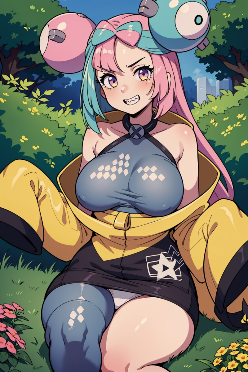 1girls, ai generated, aindroidparanoid, breasts, covered nipples, female, female only, grass, happy, huge breasts, idol, iono (pokemon), outdoors, panties, pink eyes, pink hair, pokemon, ribbon, sitting, smile, stable diffusion