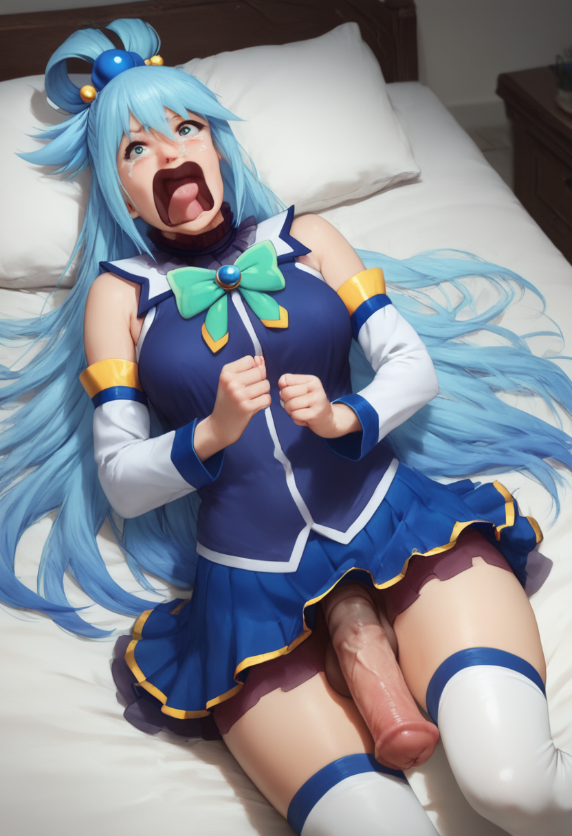 1futa ai_generated aqua_(konosuba) aqua_screaming_(meme) babski326 bare_shoulders bed blue_eyes blue_hair blue_skirt breasts crying crying_with_eyes_open detached_sleeves equine_penis flaccid futa_only futanari hair_ornament hair_rings horsecock horsecock_futanari huge_cock human_with_animal_genitalia human_with_horsecock kono_subarashii_sekai_ni_shukufuku_wo! large_breasts long_hair lying lying_on_back lying_on_bed no_panties on_back on_bed open_mouth penis pillow skirt solo solo_futa tears thighhighs tongue tongue_out top_view white_thighhighs