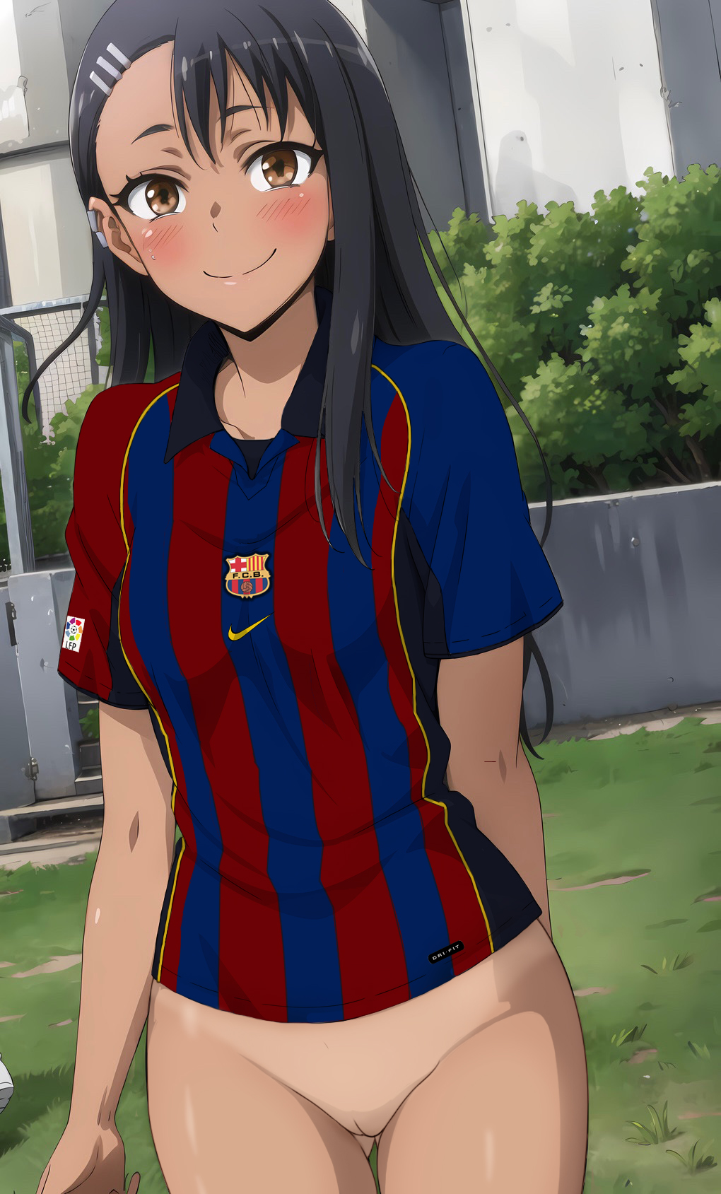 1girls black_hair bottomless brown_eyes brush edit fc_barcelona female female_only hayase_nagatoro human long_hair looking_at_viewer nekom14 no_panties please_don't_bully_me,_nagatoro pussy smiling smiling_at_viewer soccer_jersey solo tanline tbaanime third-party_edit