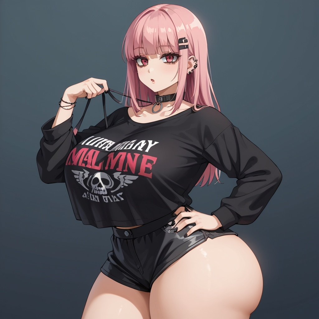 ai_generated baggy_shirt big_ass big_breasts emo long_hair pink_hair shorts wide_hips