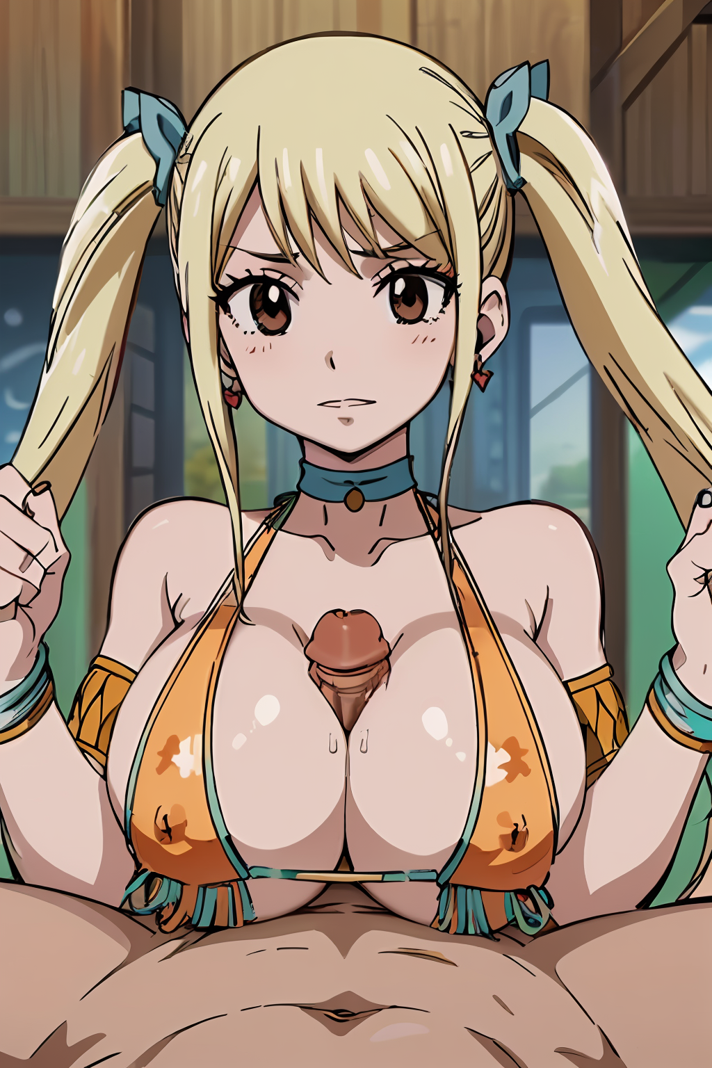 1boy 1girls ai_generated aindroidparanoid big_breasts bikini blonde_hair brown_eyes covered_nipples dark-skinned_male fairy_tail gray_fullbuster hands-free_paizuri interracial large_breasts light-skinned_female looking_at_viewer lucy_heartfilia paizuri paizuri_under_clothes penis penis_between_breasts pov solo_focus stable_diffusion straight twintails