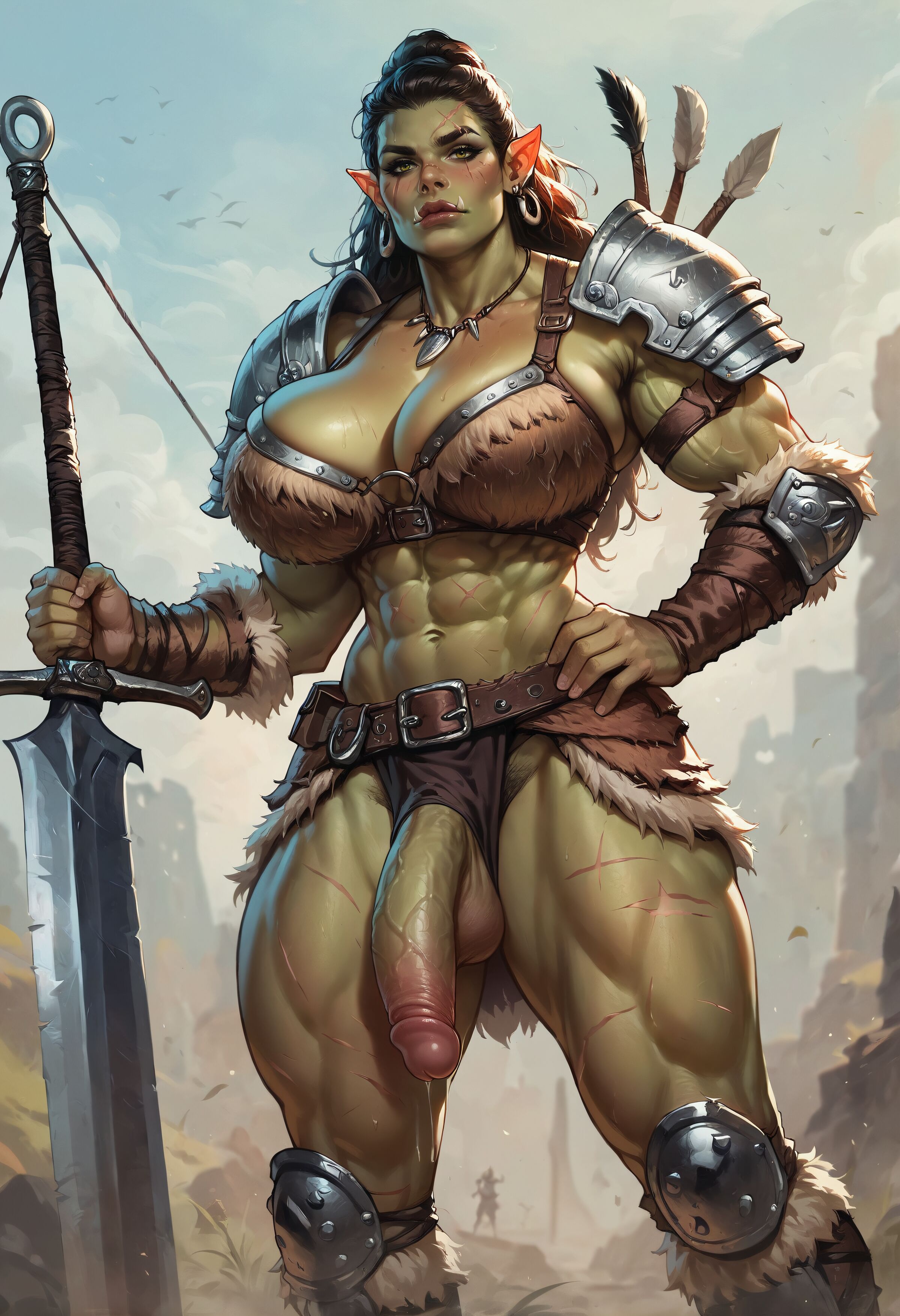 1futa, ai generated, balls, breasts, dickgirl, futa only, futadiffusion, futanari, goblin futa, green skin, intersex, knight, nature, orc, orc futa, outdoors, penis, perfect body, ready to fuck, solo, warrior