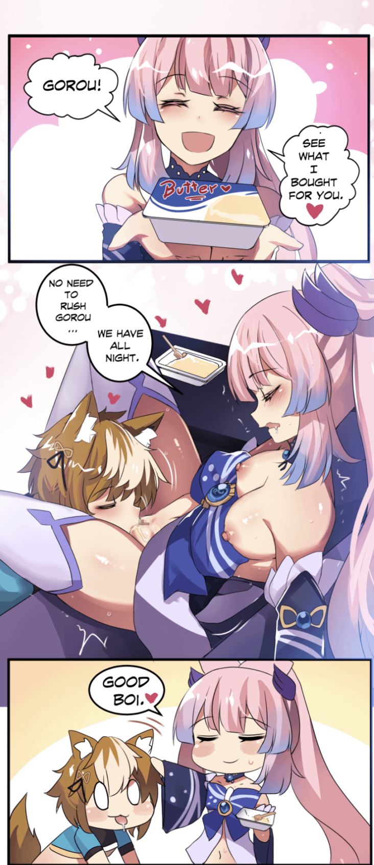 1boy, 1girls, censored, cunnilingus, dog boy, female, genshin impact, good boy, gorou (genshin impact), happy, happy sex, hinghoi, male, sangonomiya kokomi, sex, wholesome, wolf boy