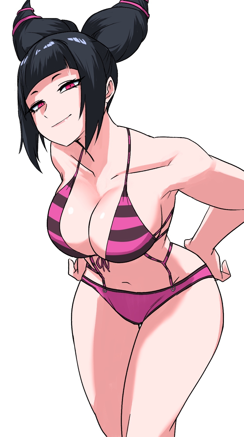 bikini, black hair, blunt bangs, breasts, collarbone, female, hair horns, hand on own hip, highres, ilo a5, juri han, leaning forward, purple bikini, purple eyes, solo, street fighter, striped bikini, striped clothes, swimsuit